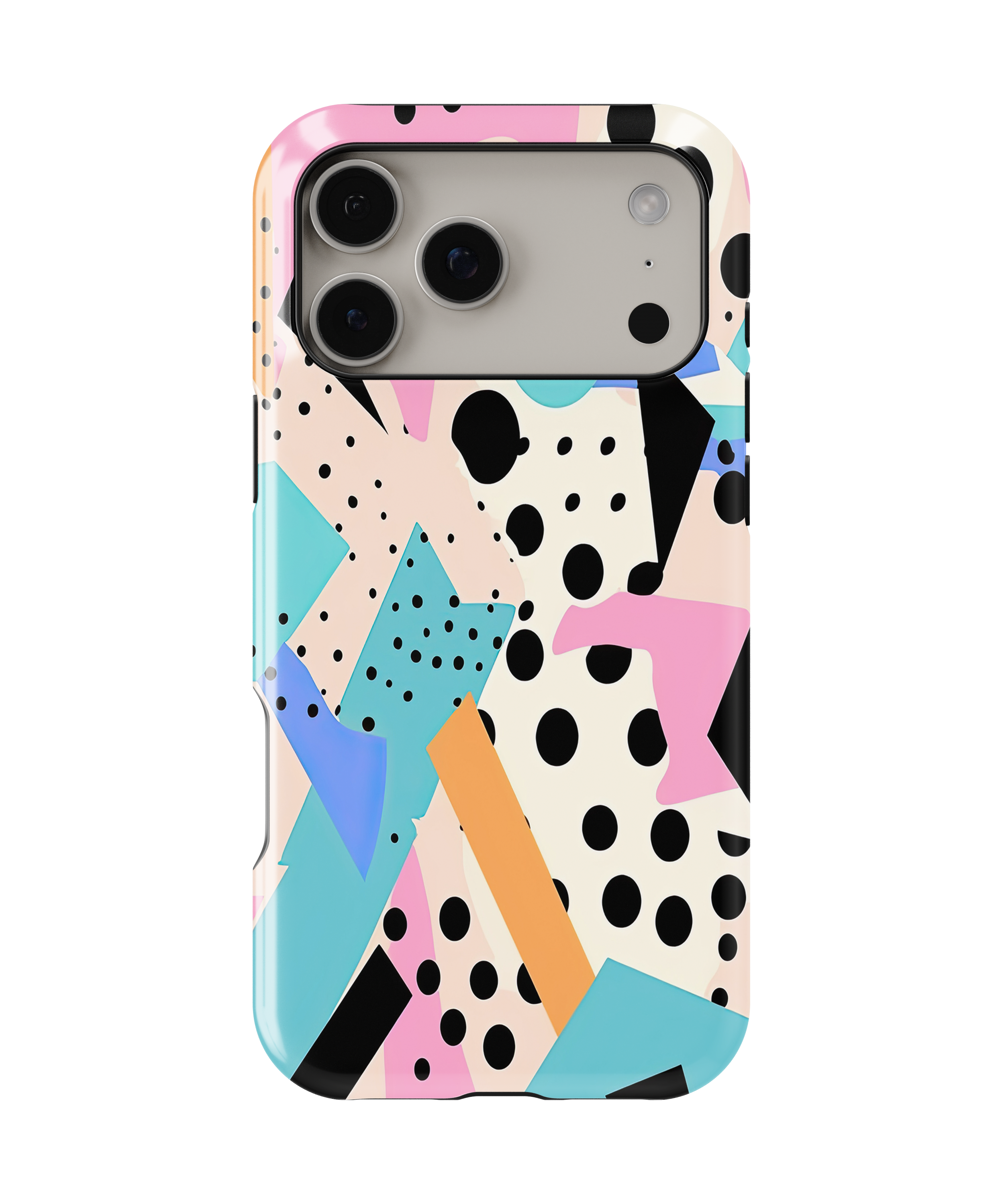 Phone case with a colorful geometric pattern on a white background
