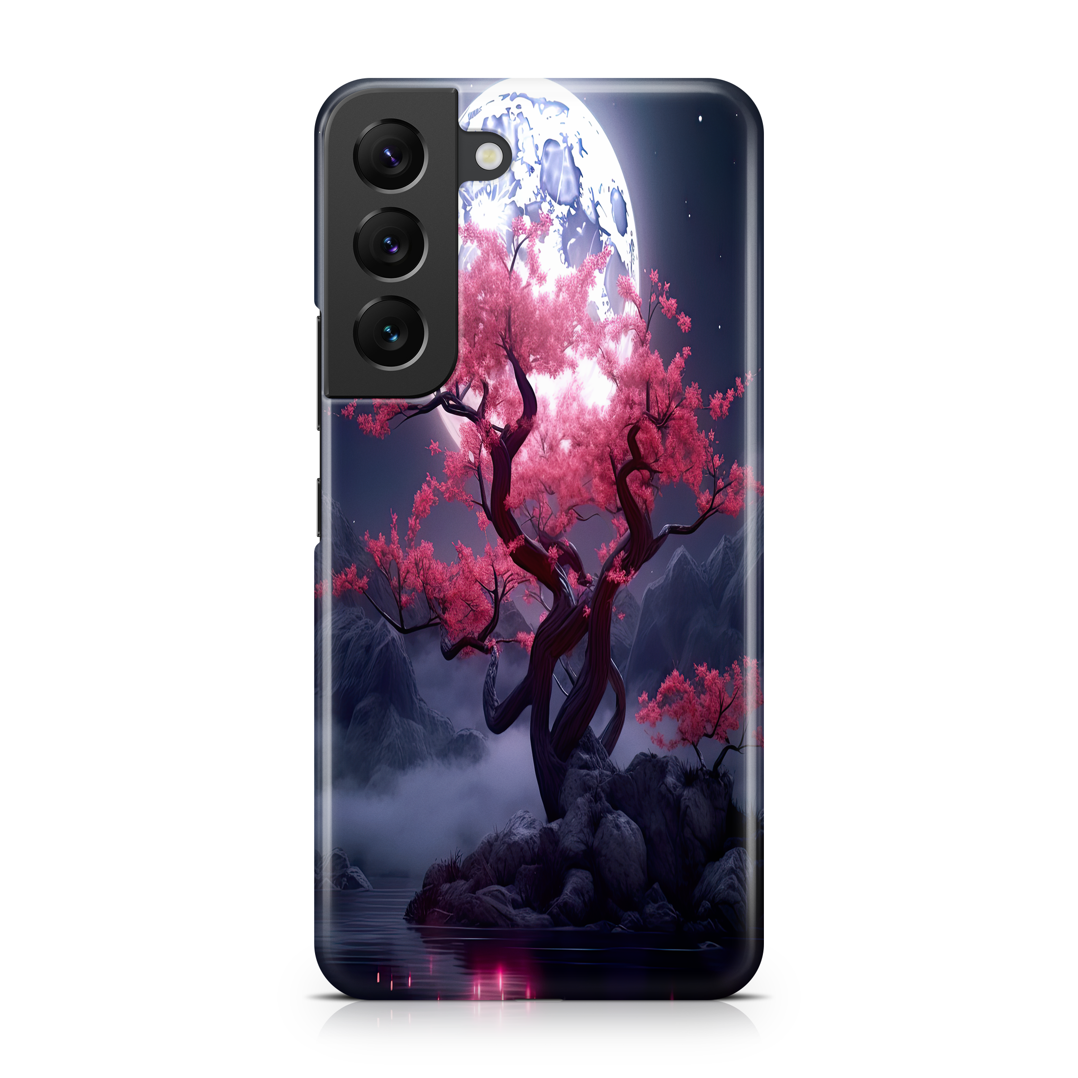 A Samsung smartphone case featuring a fantasy design with a large moon, a blossoming tree with pink flowers, and a body of water reflecting the moonlight.