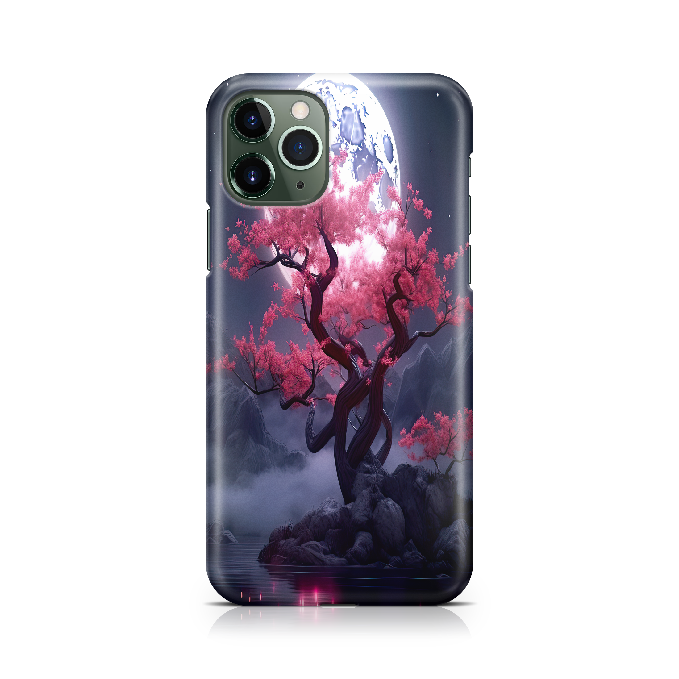 Phone case with a tree with pink blossoms design on a white background