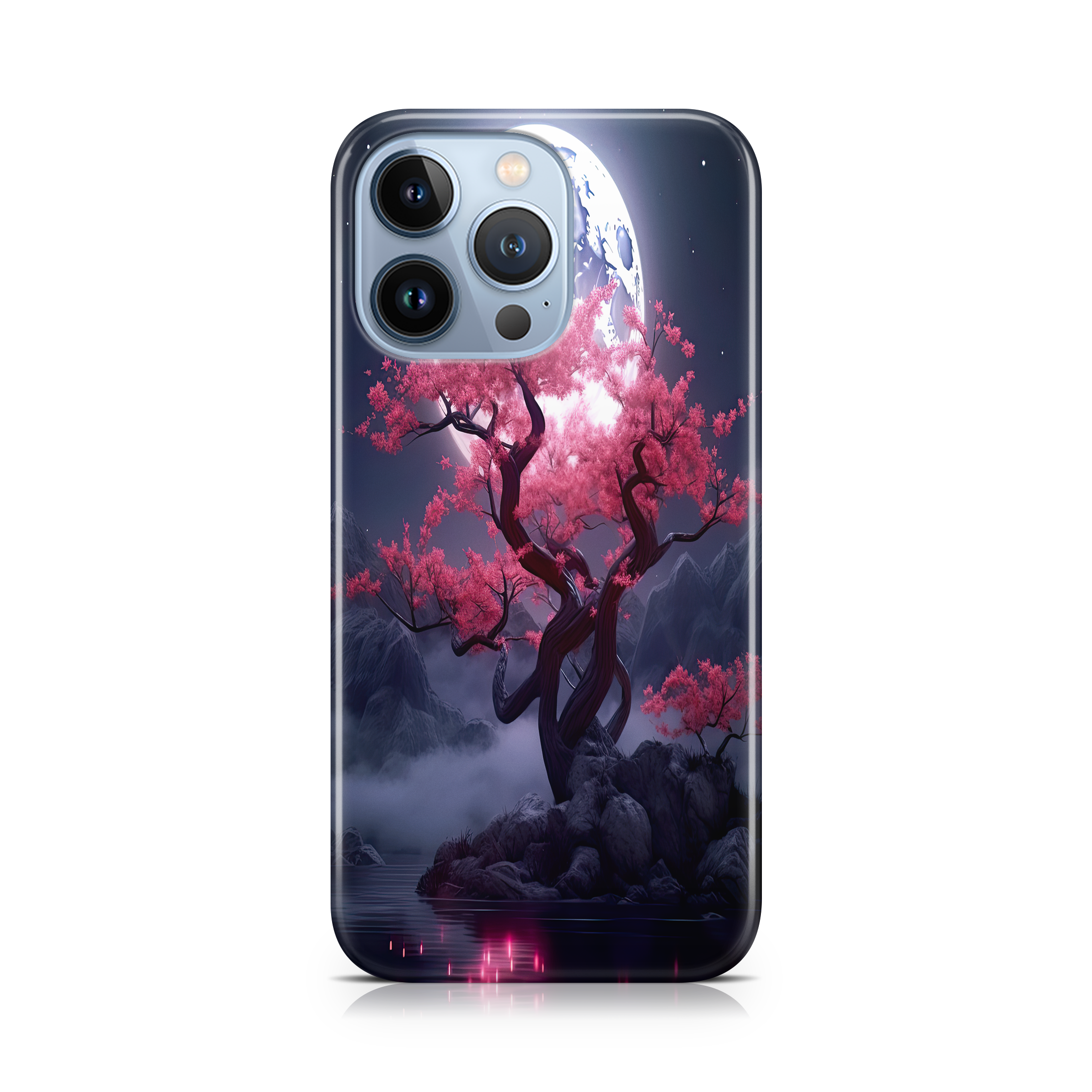 Phone case with a tree with pink blossoms design on a white background