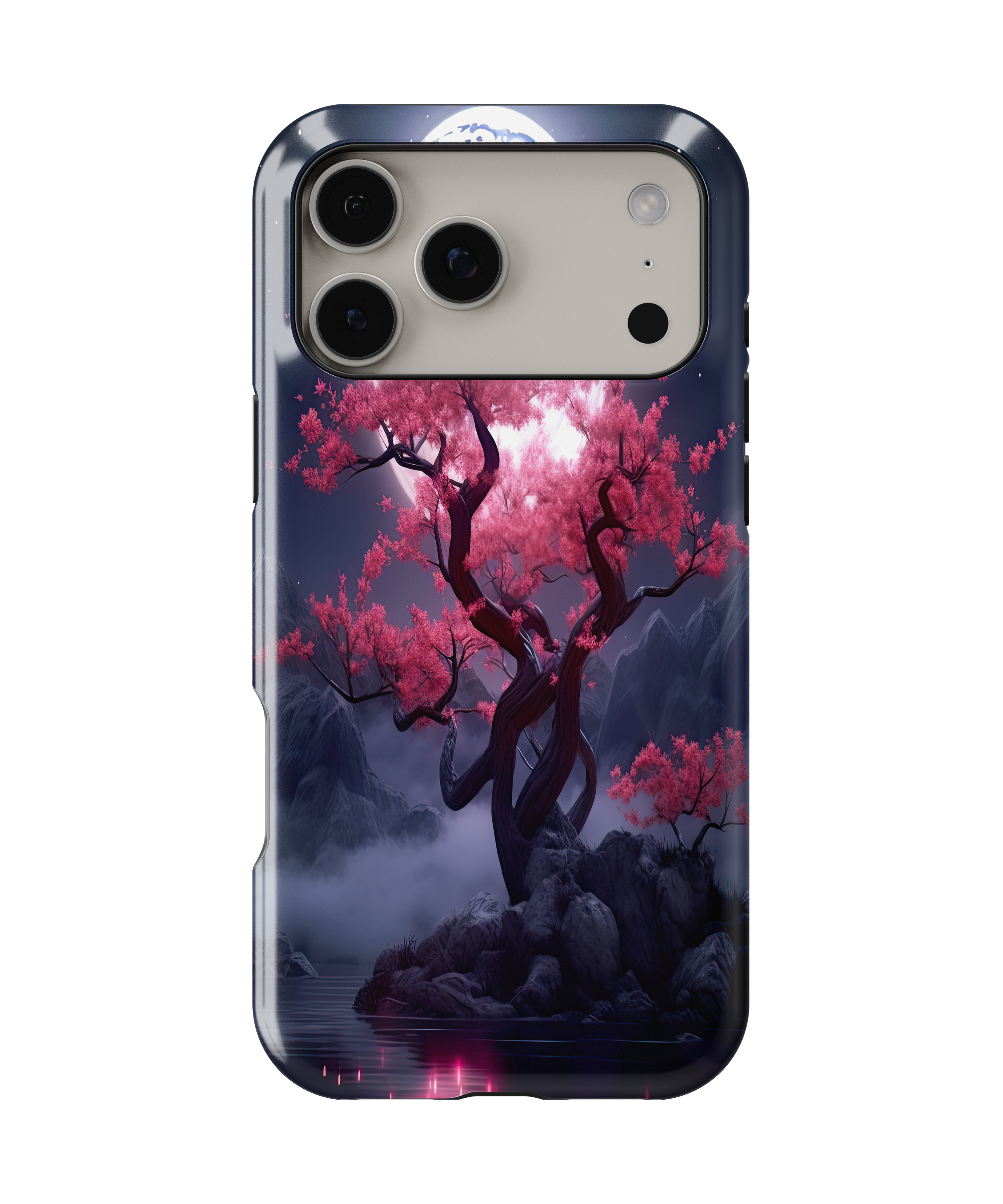 Phone case with a tree with pink blossoms design on a white background