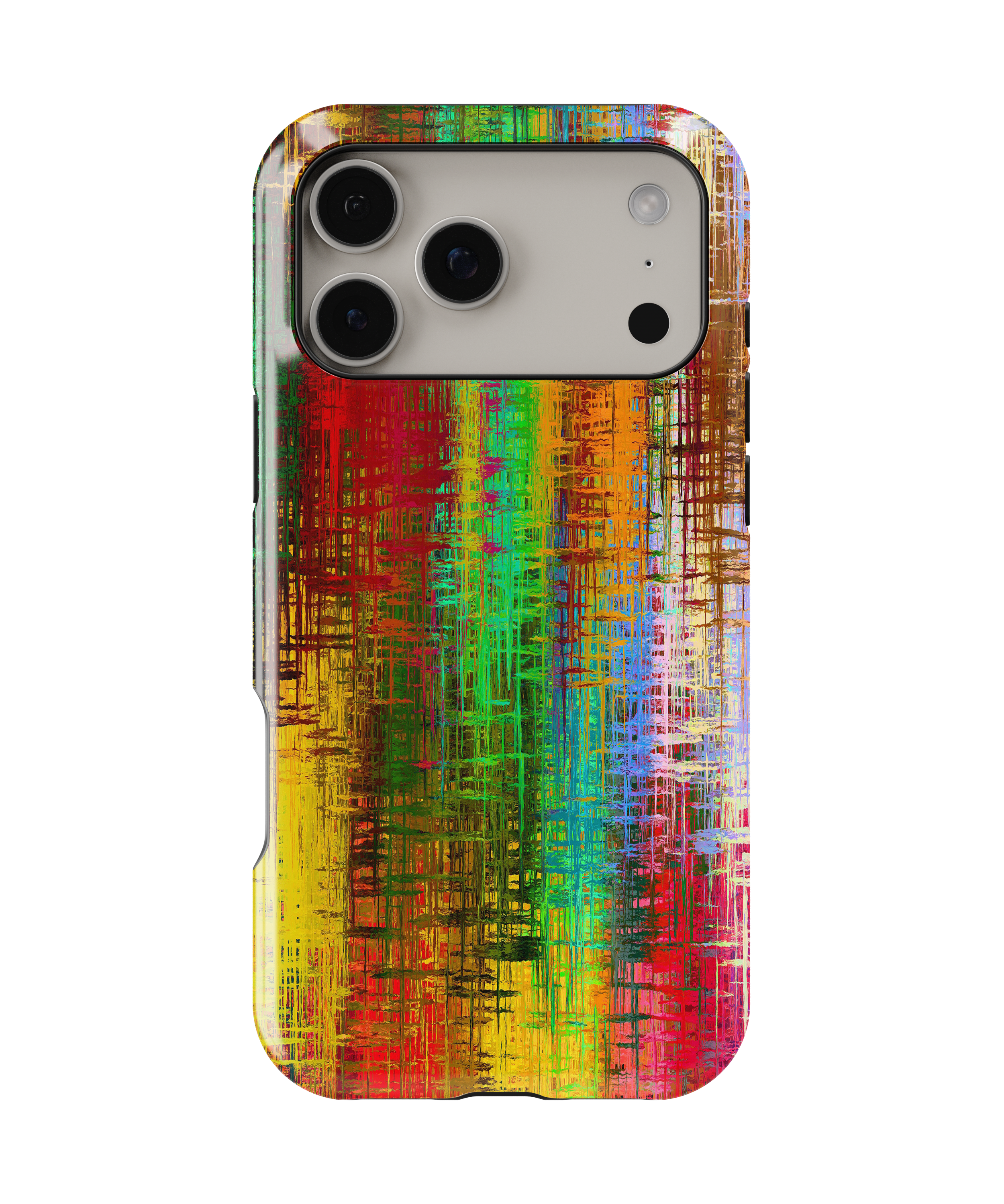 Phone case with a colorful abstract design on a white background