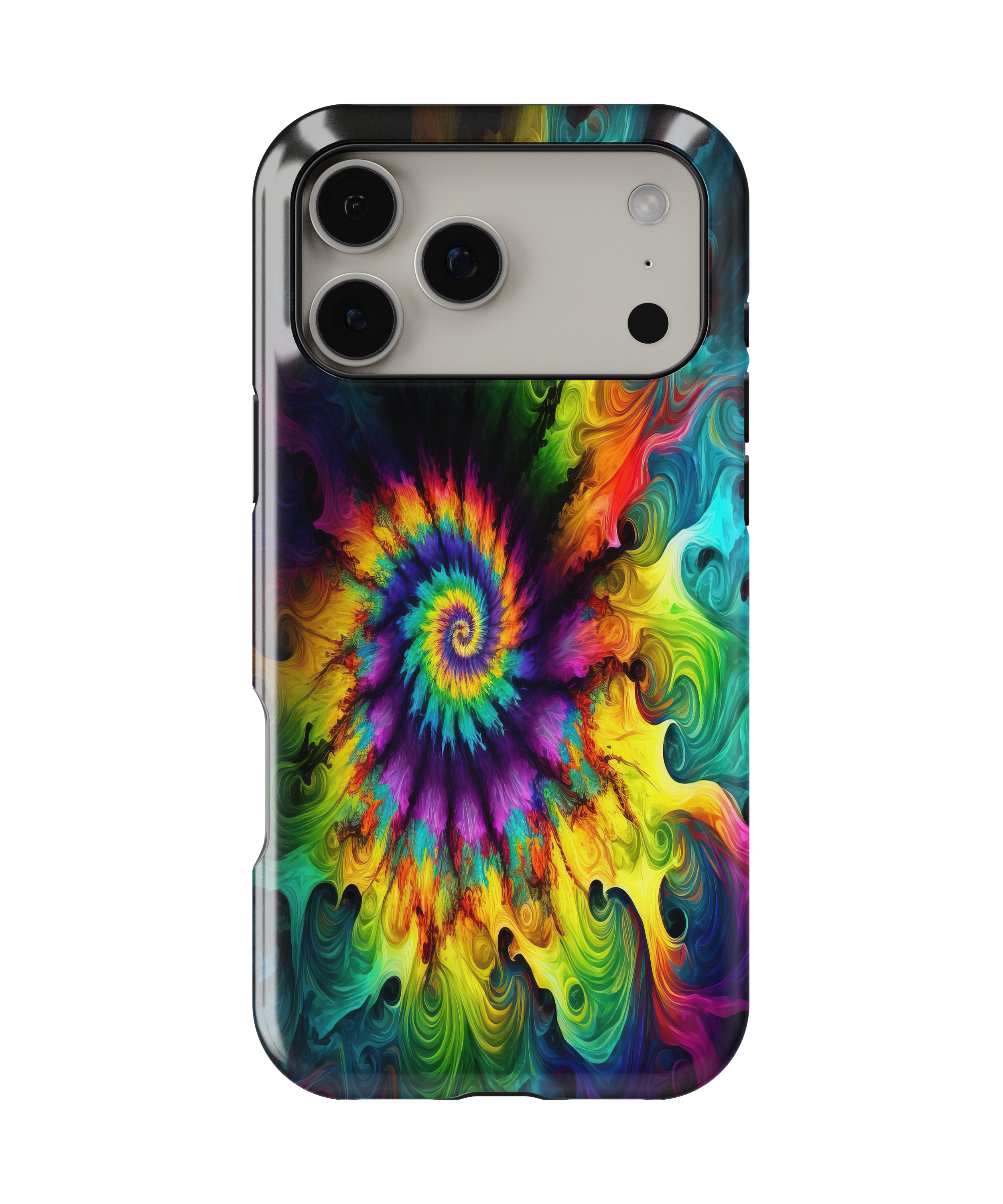 Phone case with a colorful tie-dye design on a white background
