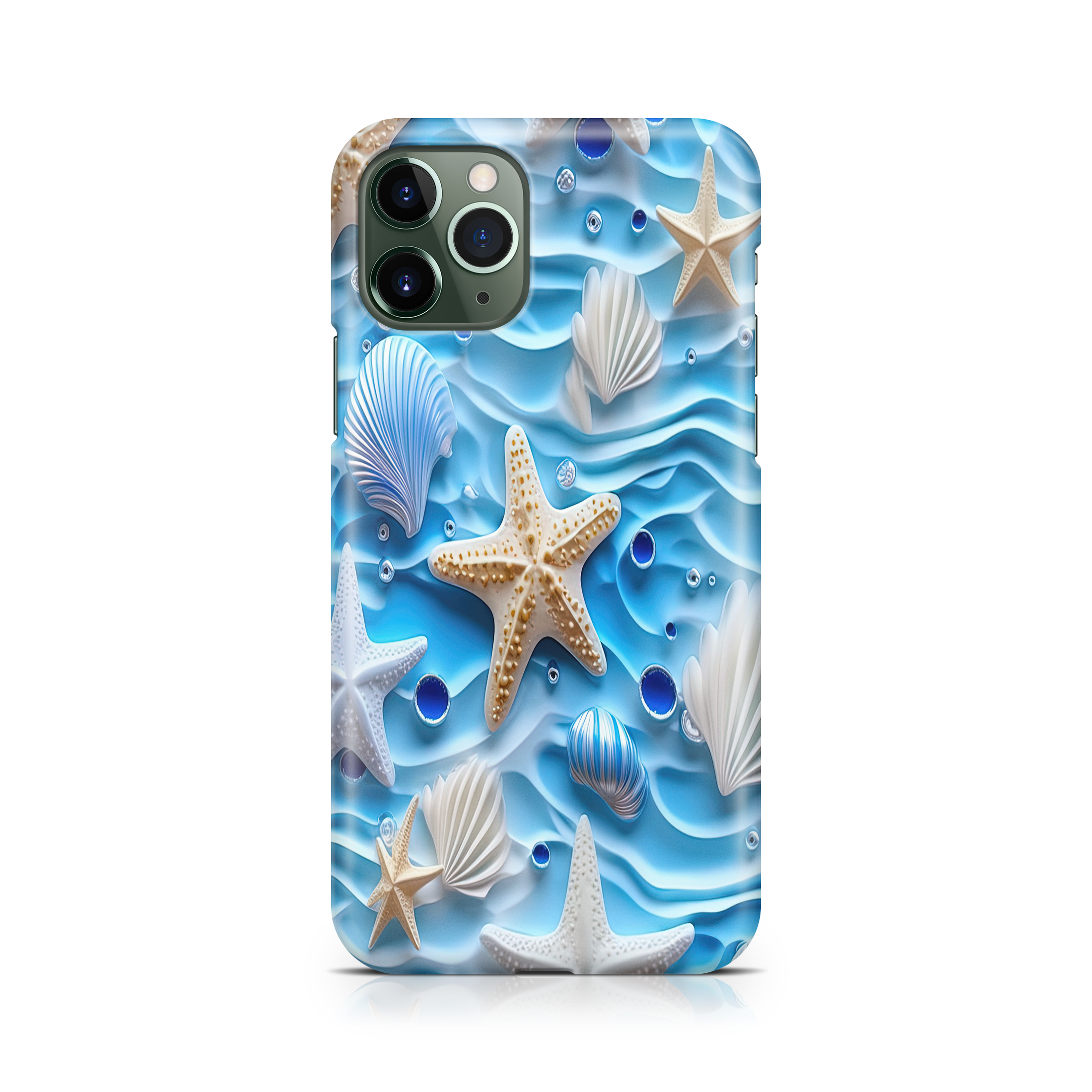 Phone case with seashell and starfish design on a blue wave background