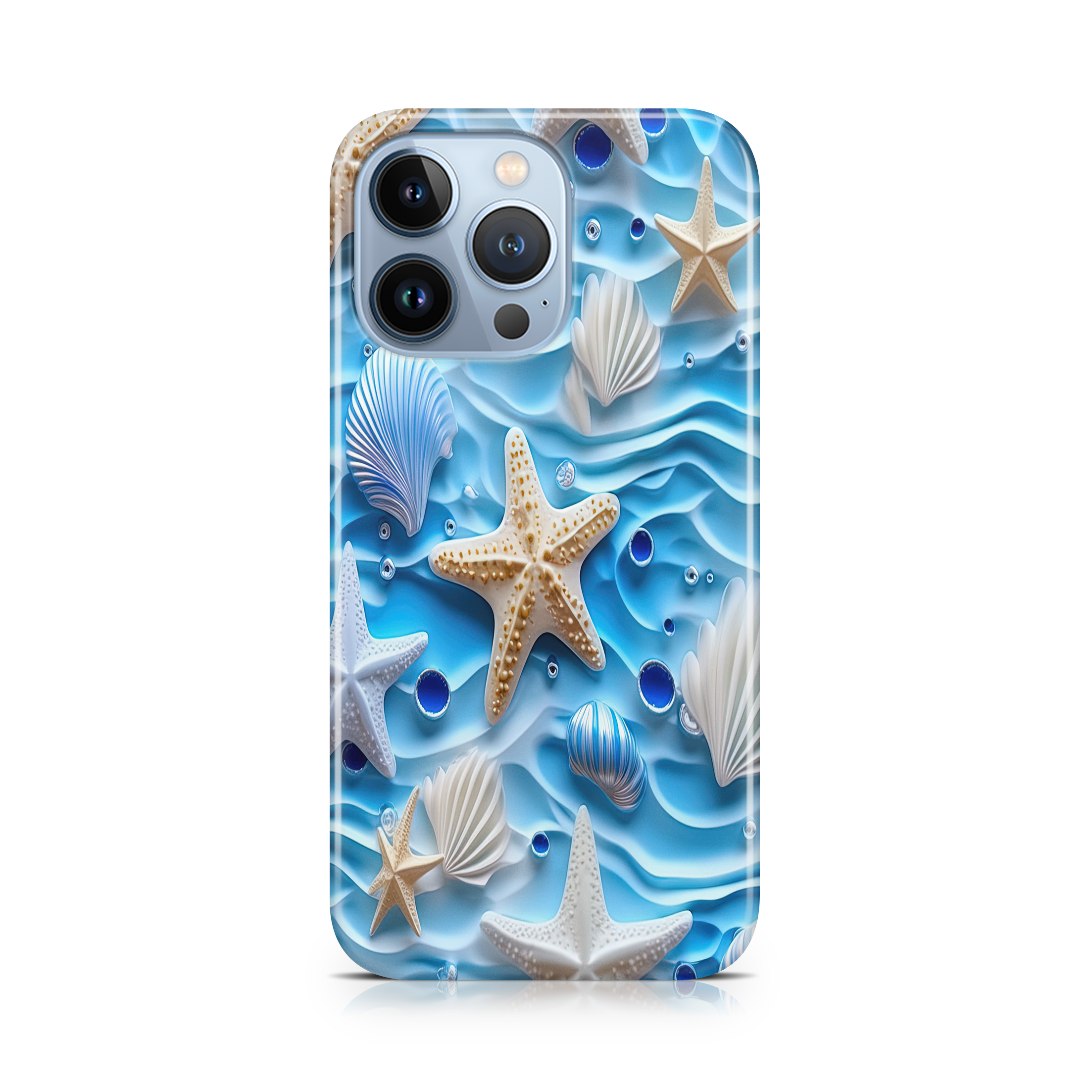 Phone case with seashell and starfish design on a blue wave background