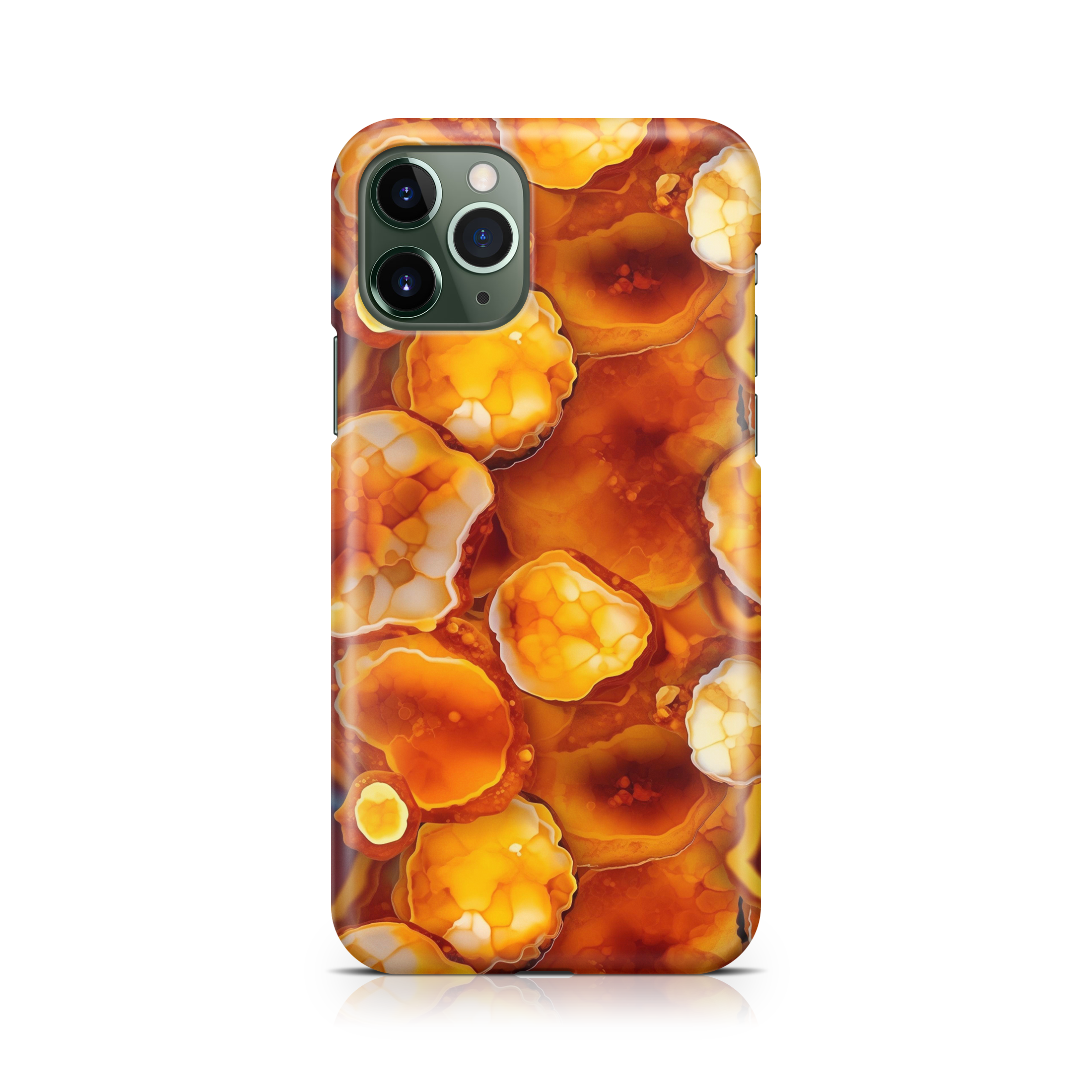 Phone case with a marbled orange and yellow design on a white background