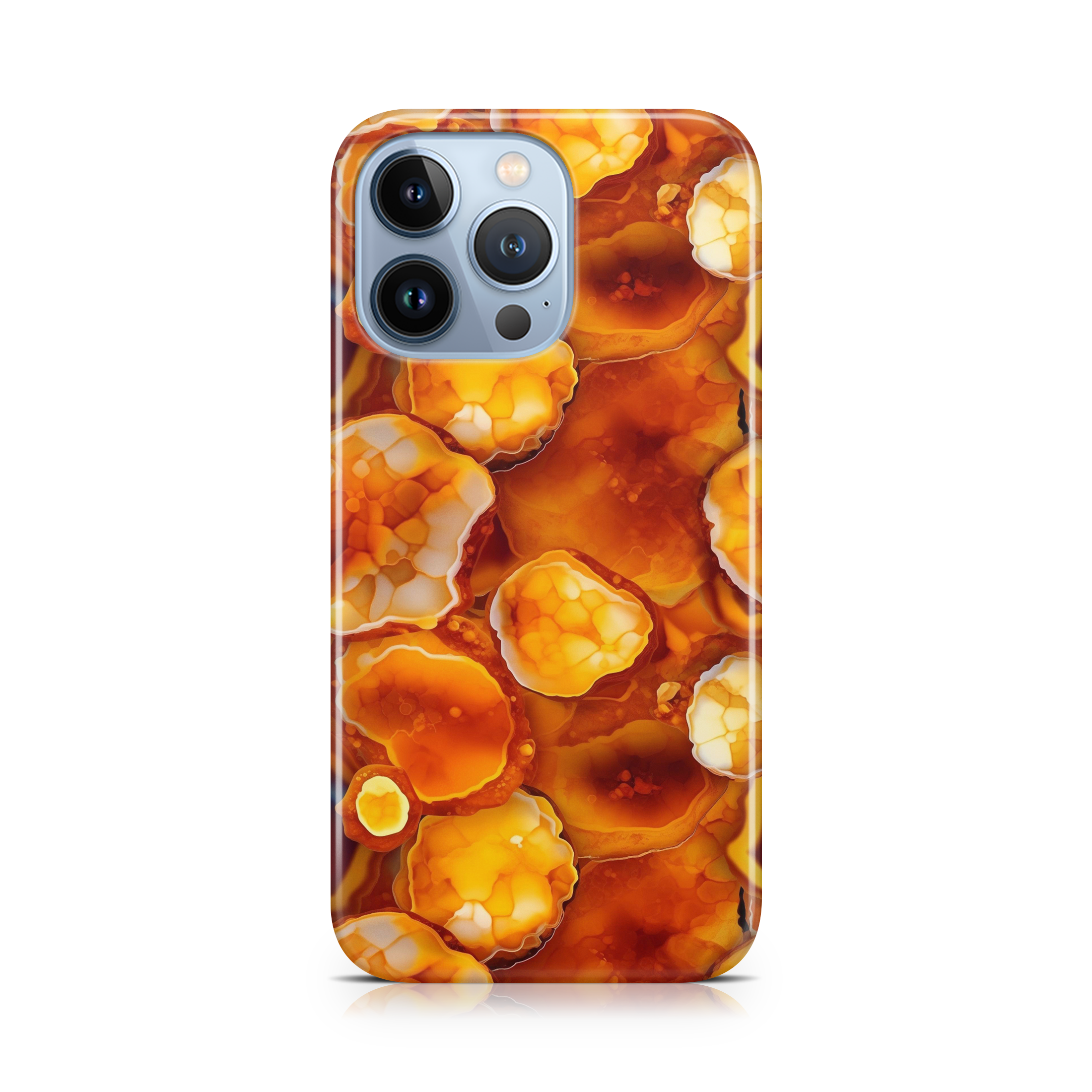 Phone case with a marbled orange and yellow design on a white background