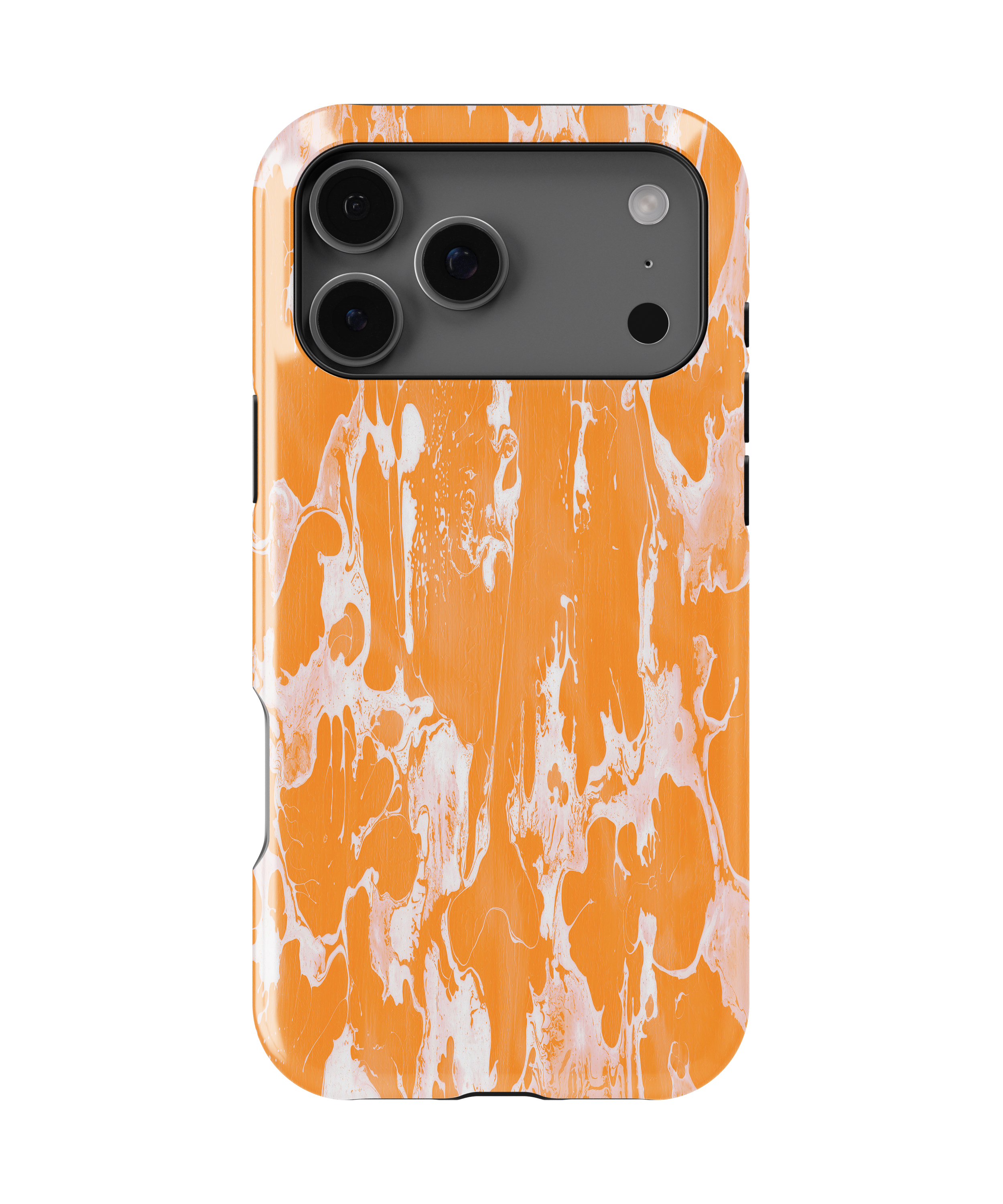 Phone case with orange and white marble pattern on a white background