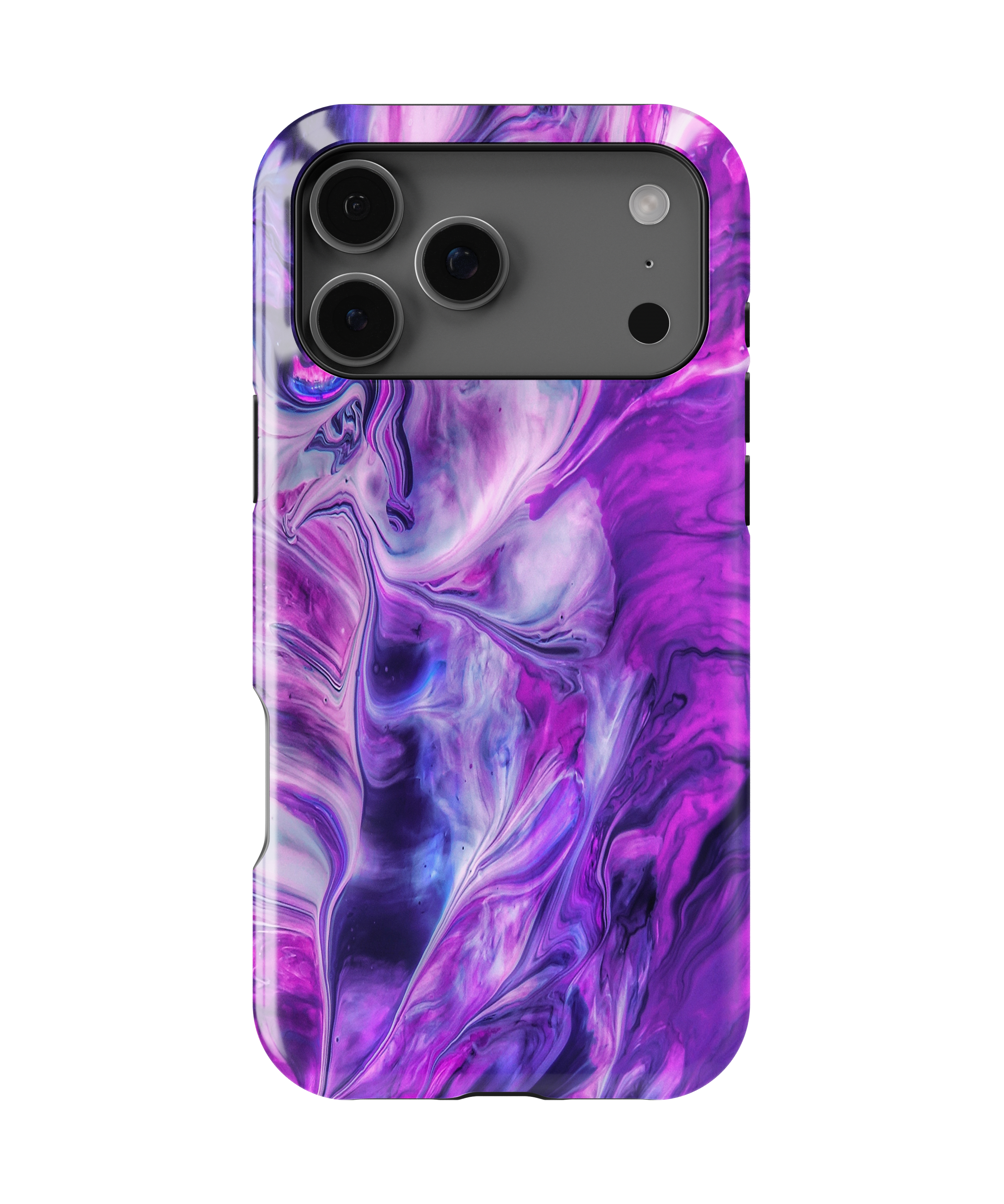 Phone case with a purple and pink marbled design on a white background