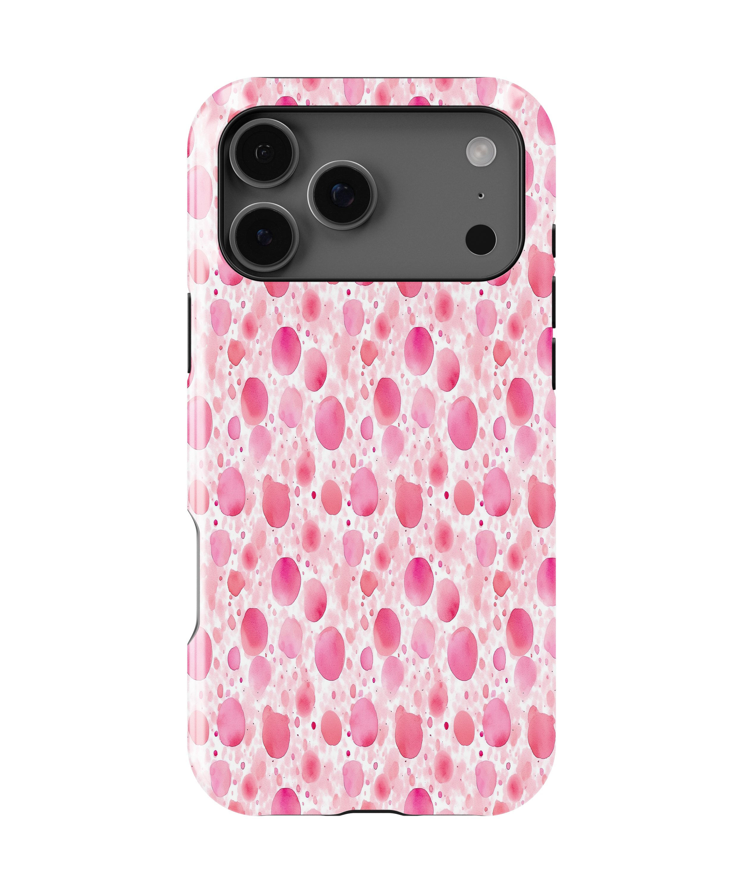 Phone case with pink and white pattern on a white background