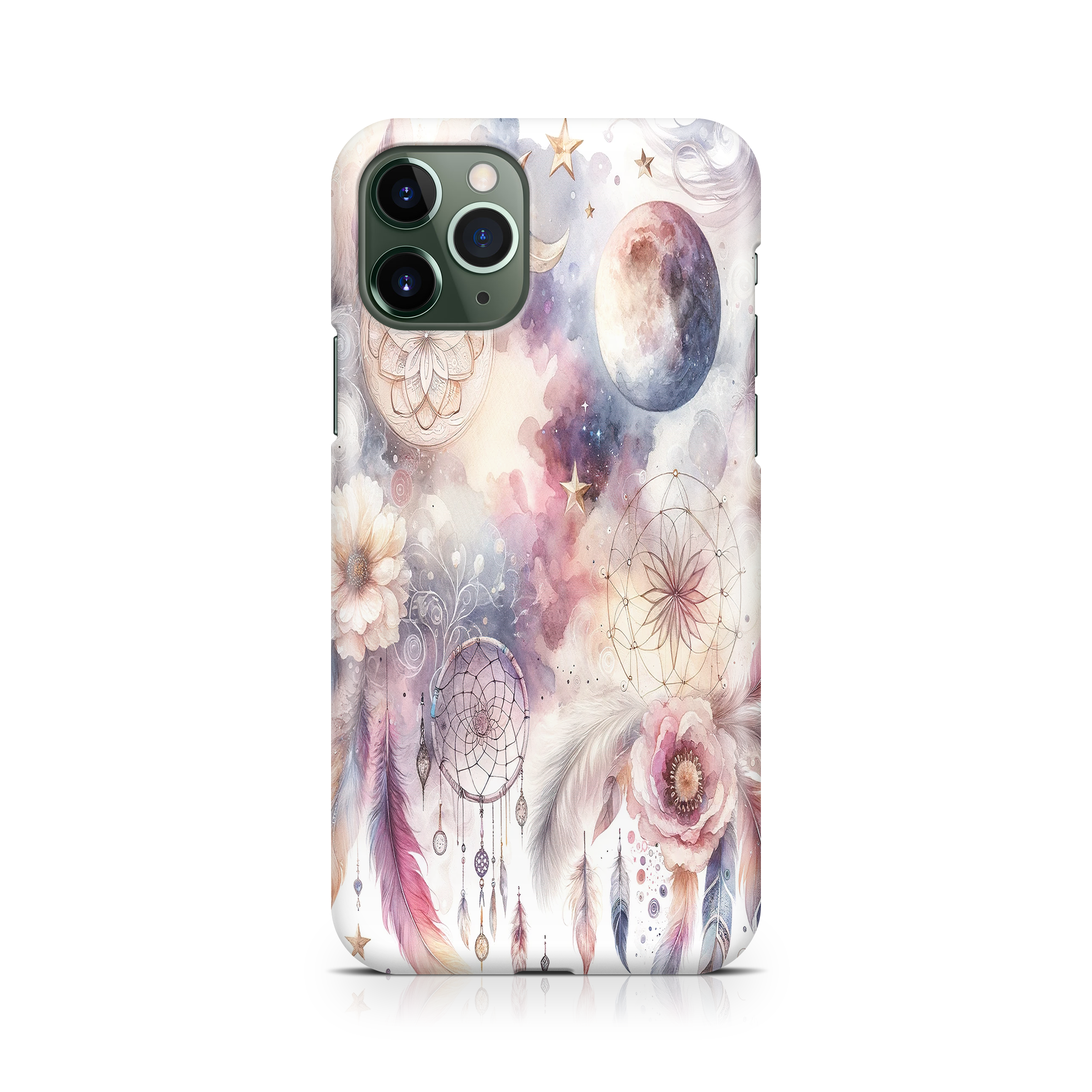 Phone case with floral and dreamcatcher design on a white background