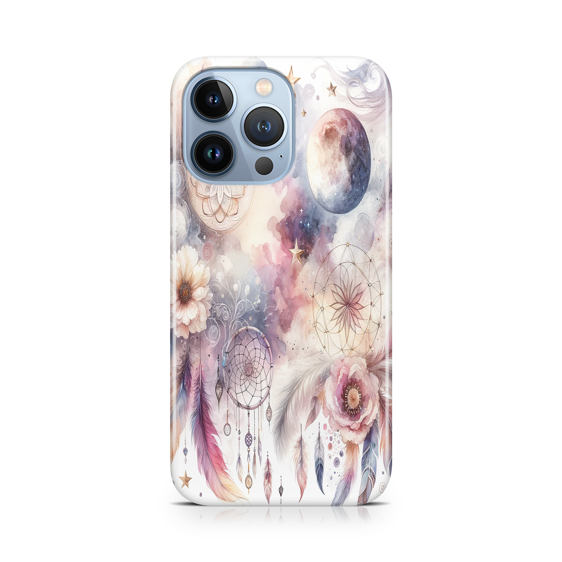 Phone case with floral and dreamcatcher design on a white background
