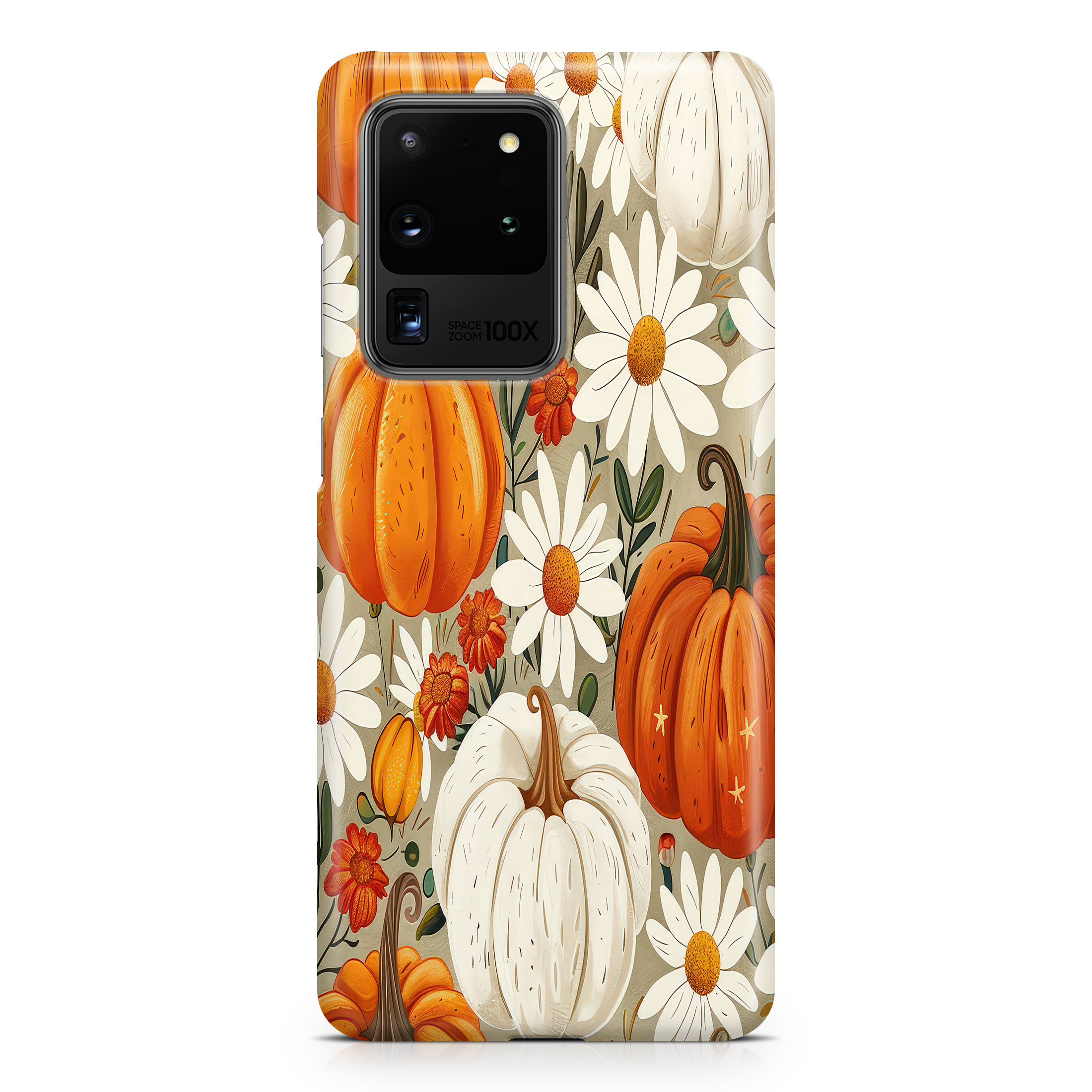 Phone case with pumpkins and flowers on a white background