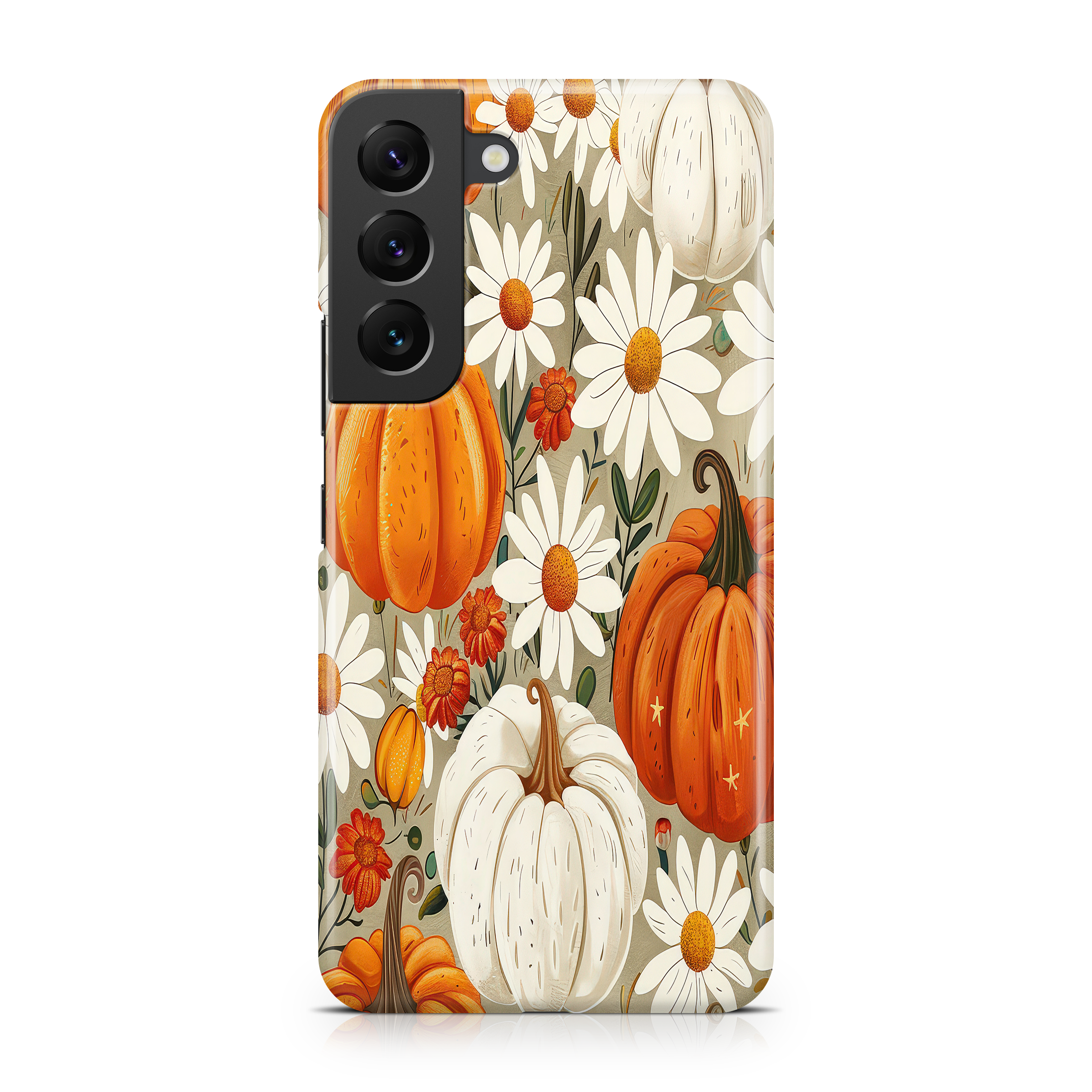 Phone case with pumpkins and flowers on a white background
