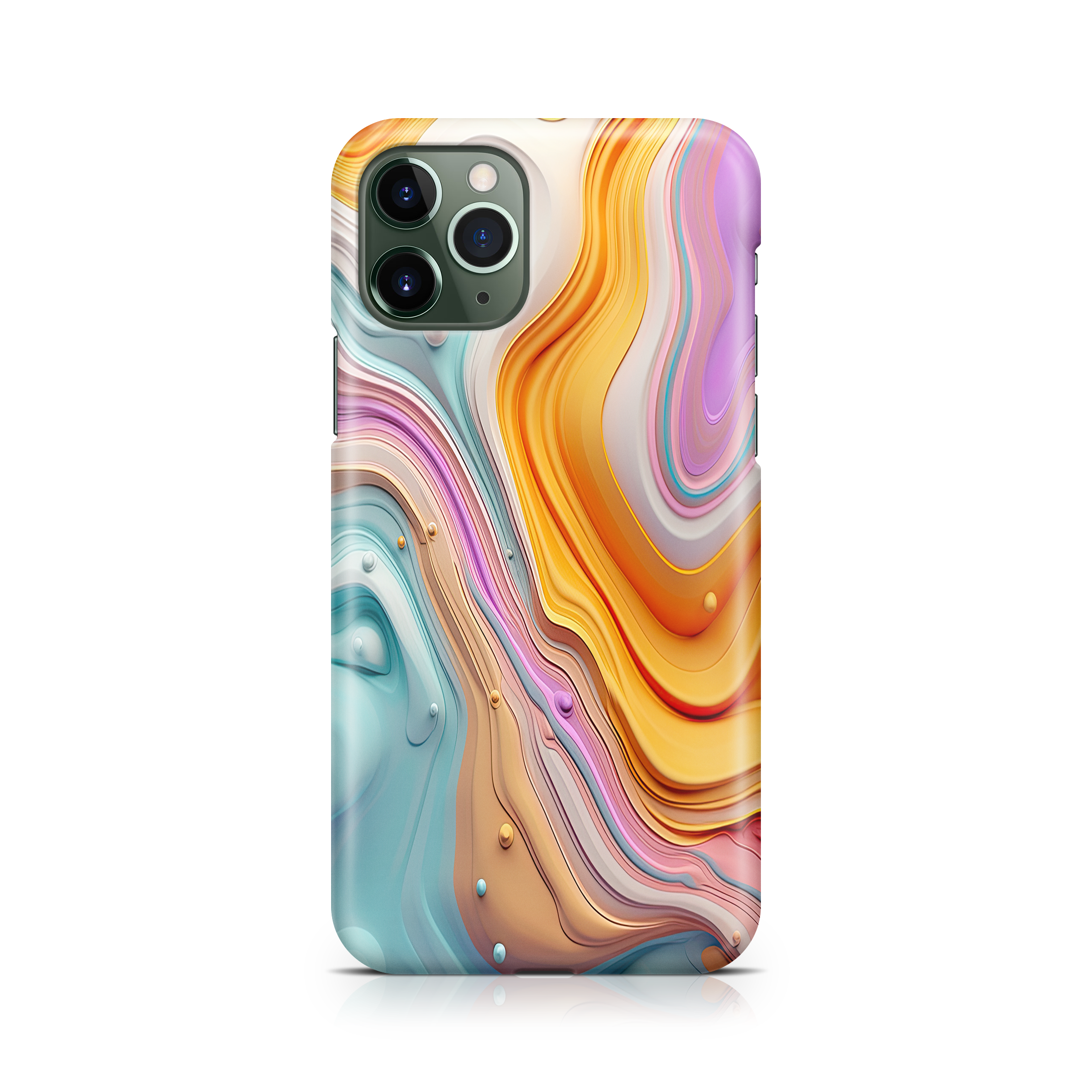 Phone case with colorful swirl design on a white background