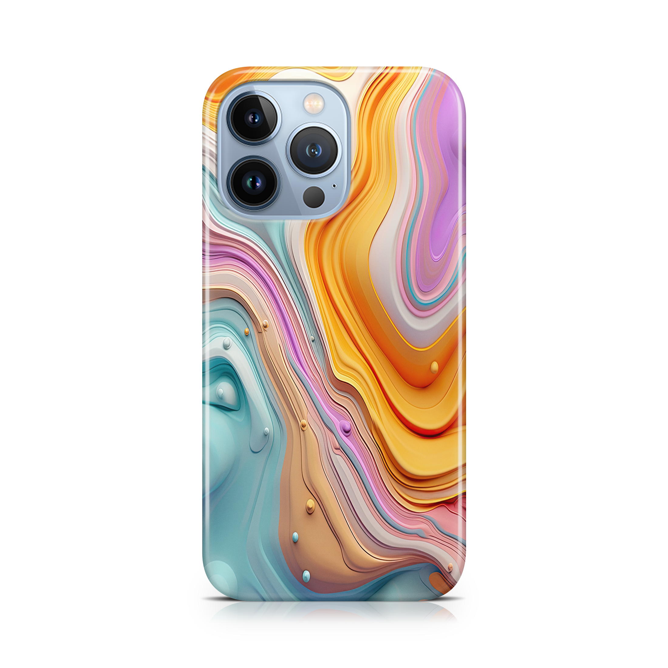 Phone case with colorful swirl design on a white background
