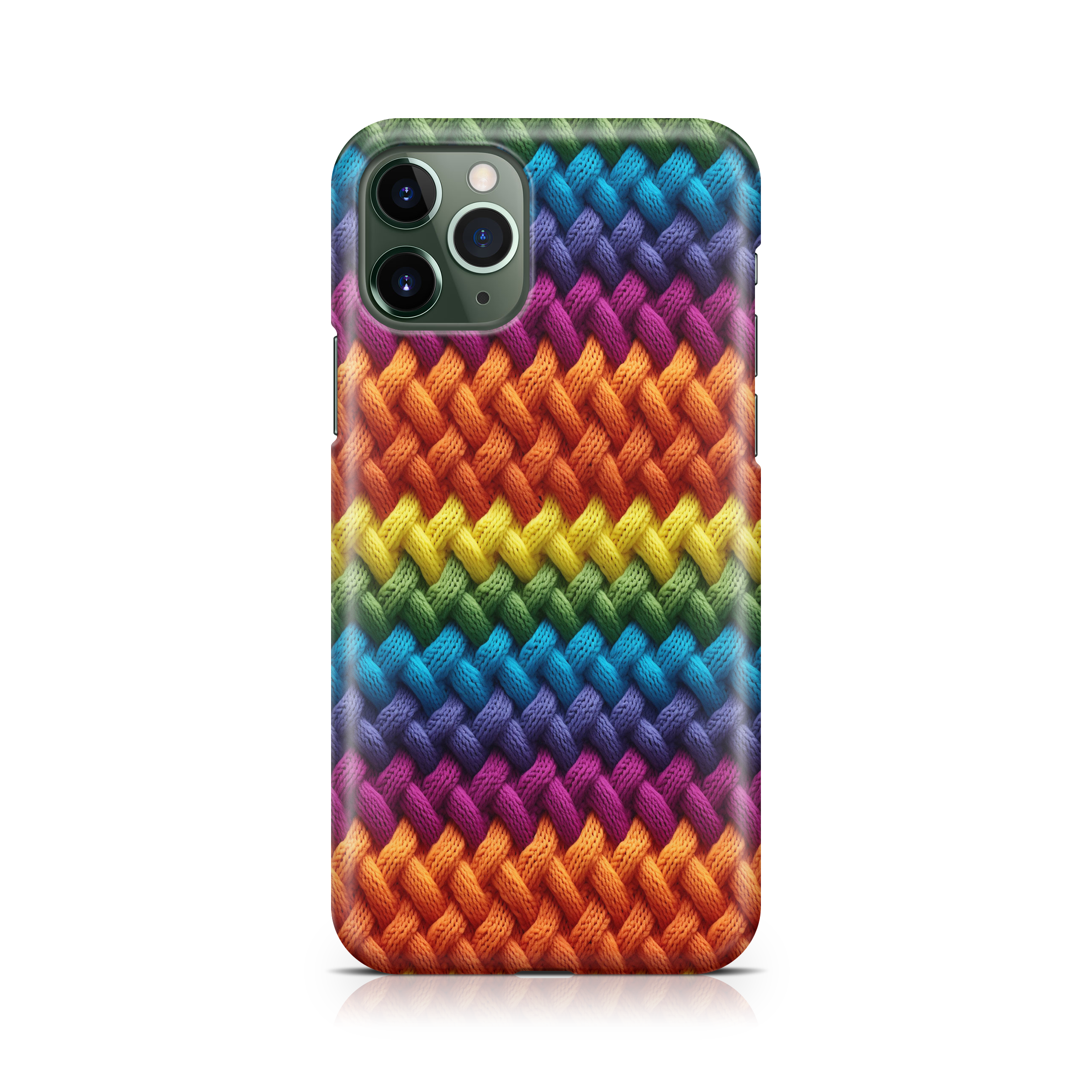 Phone case with a colorful woven pattern on a white background