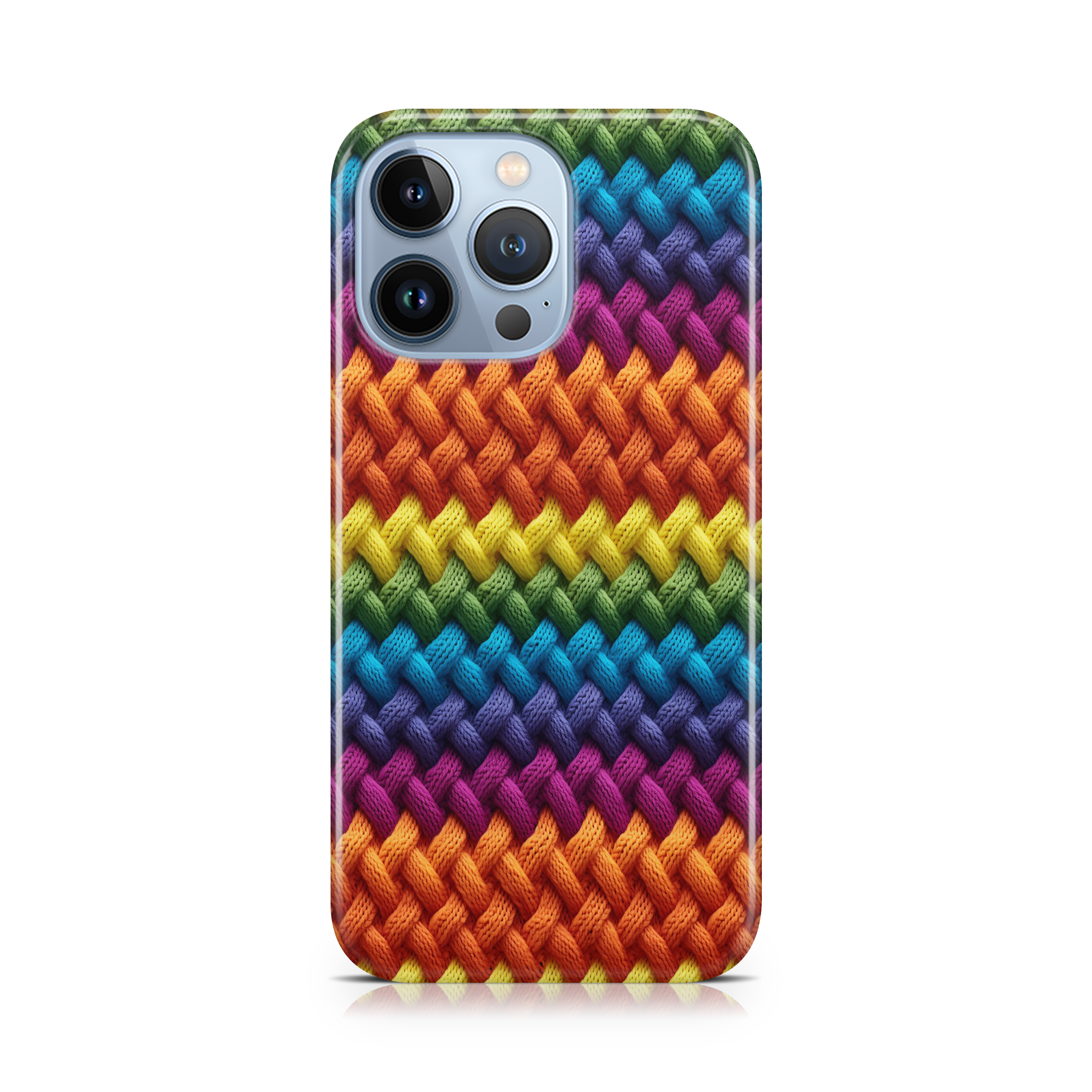 Phone case with a colorful woven pattern on a white background