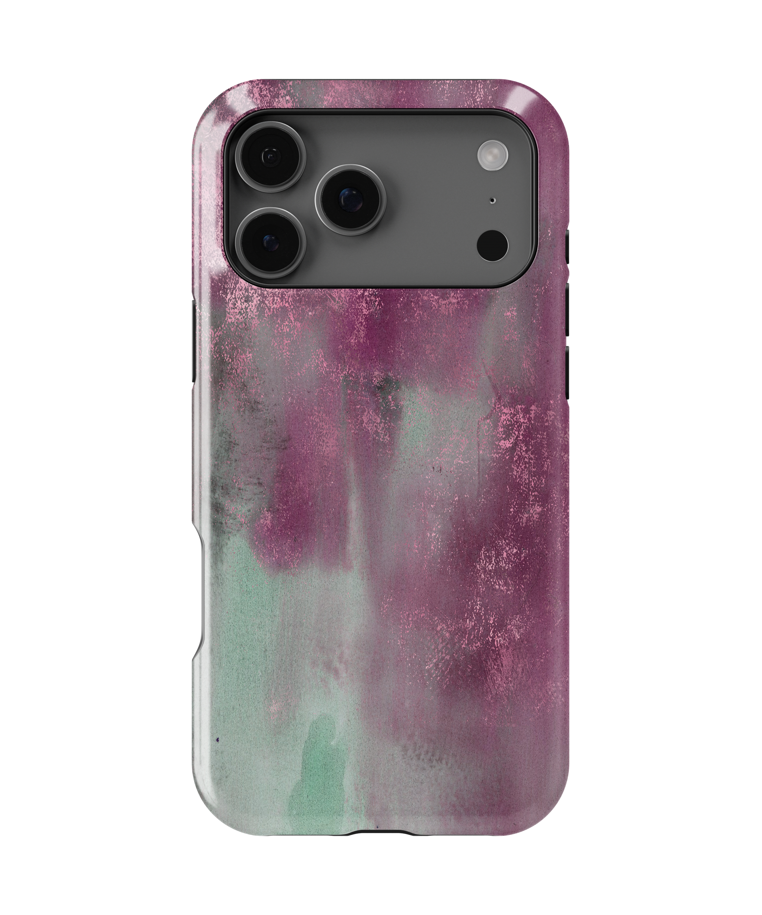 Phone case with a pink and grey patina metal abstract design on a white background
