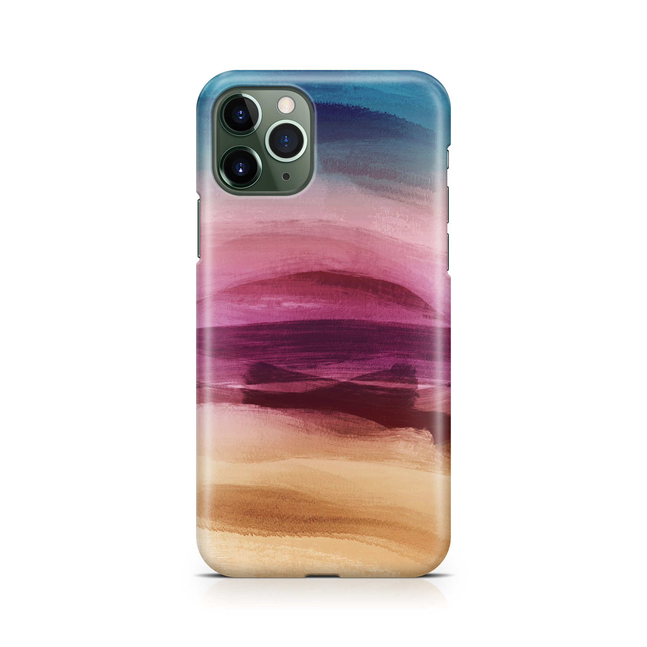 Phone case with a gradient design transitioning from blue to pink and brown on a white background