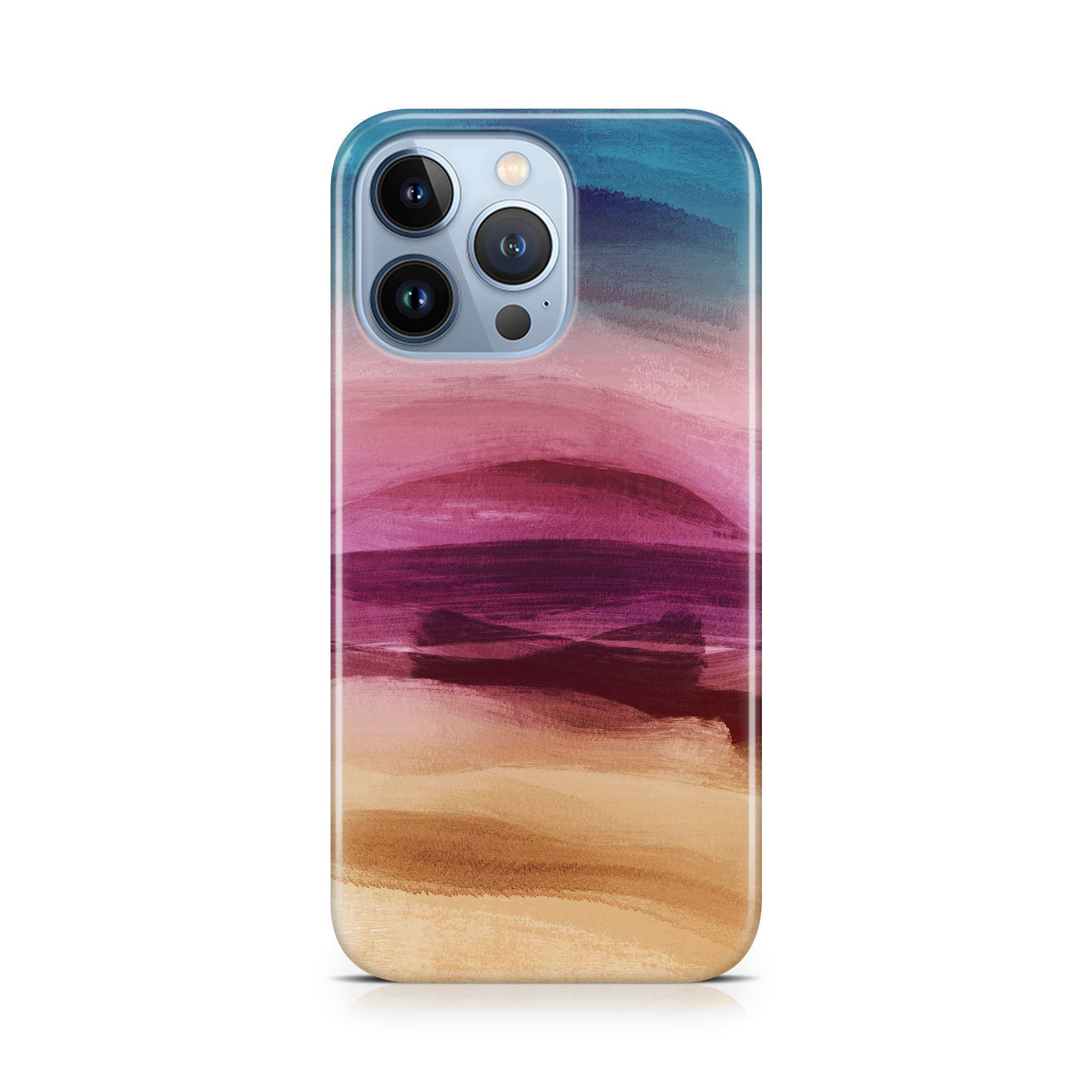 Phone case with a gradient design transitioning from blue to pink and brown on a white background