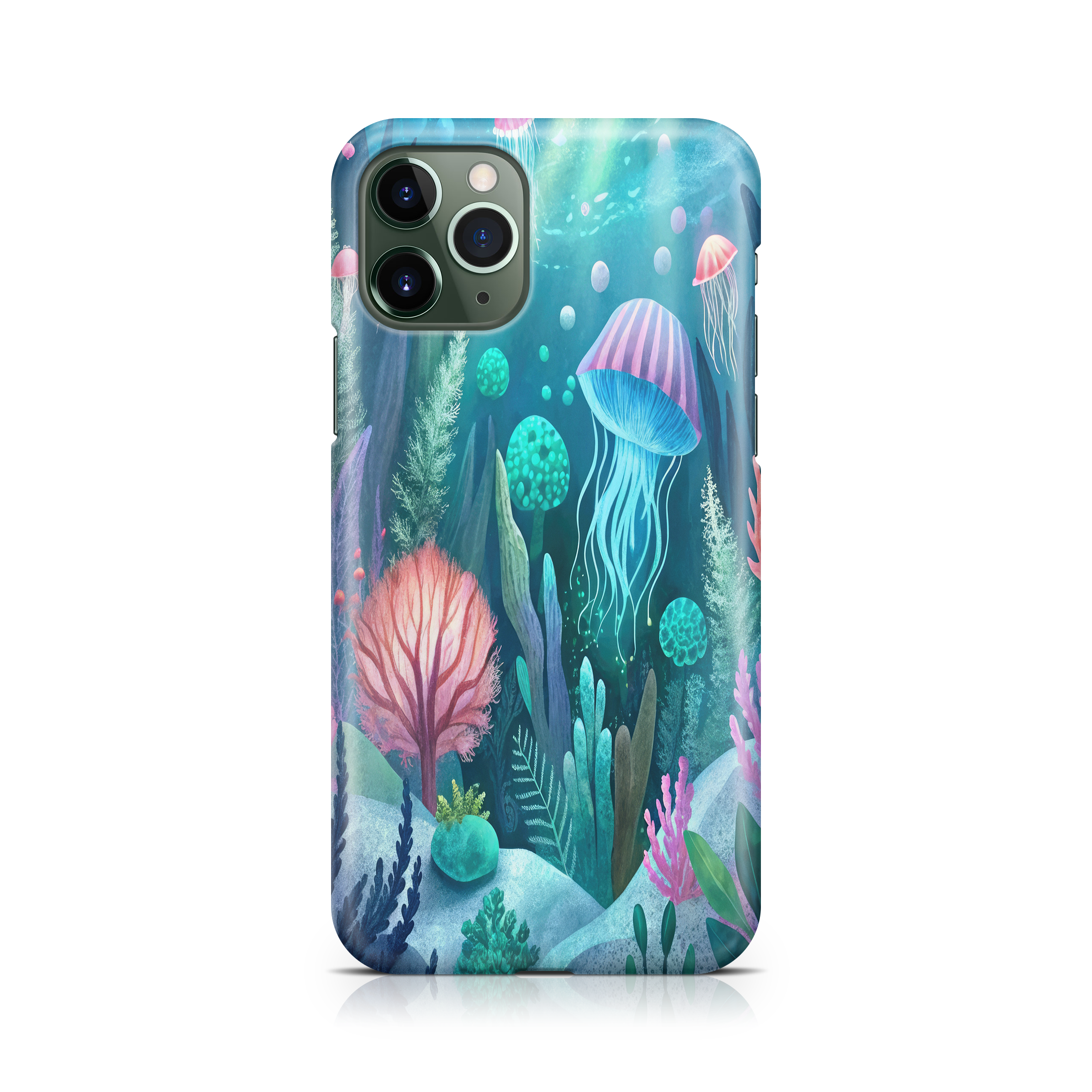 Phone case with an underwater design featuring jellyfish and coral on a white background