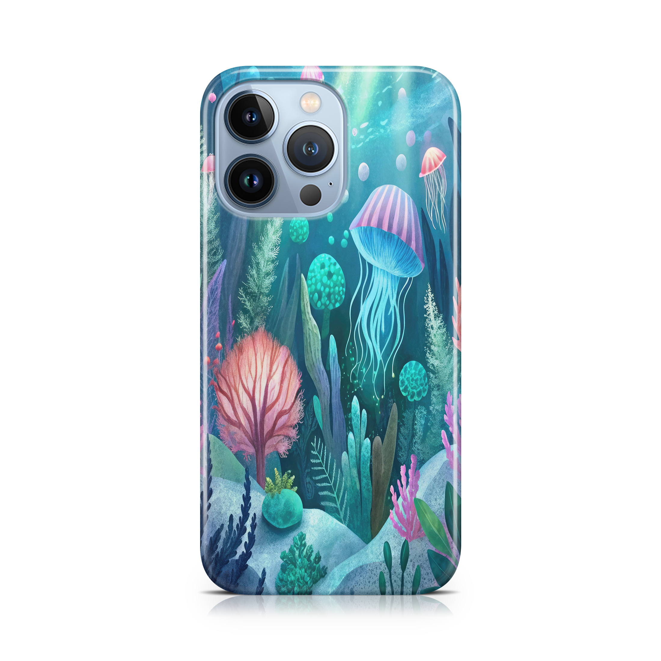 Phone case with an underwater design featuring jellyfish and coral on a white background