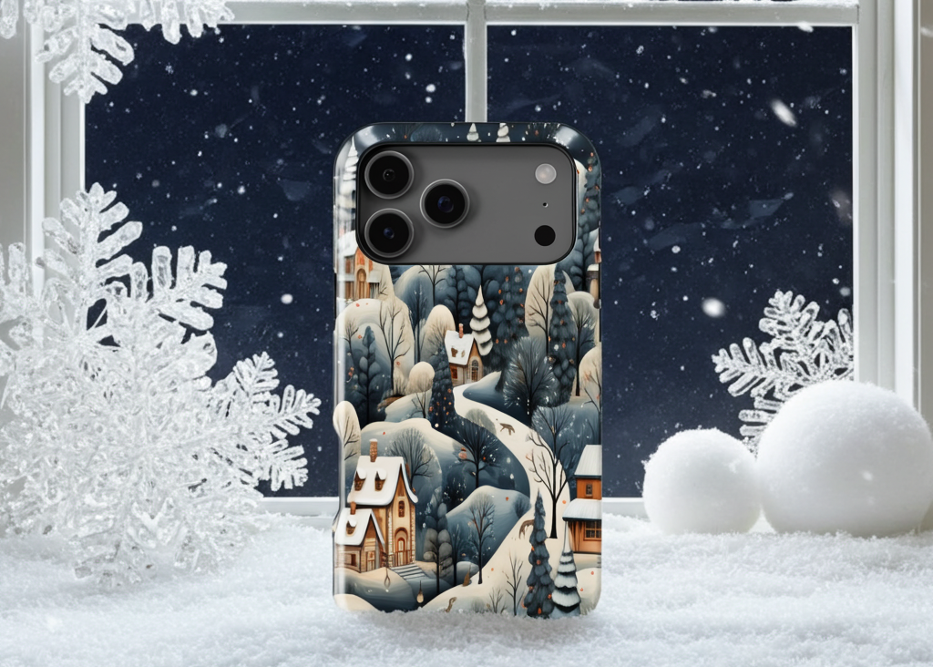 Phone case with winter scene design in front of a snowy window