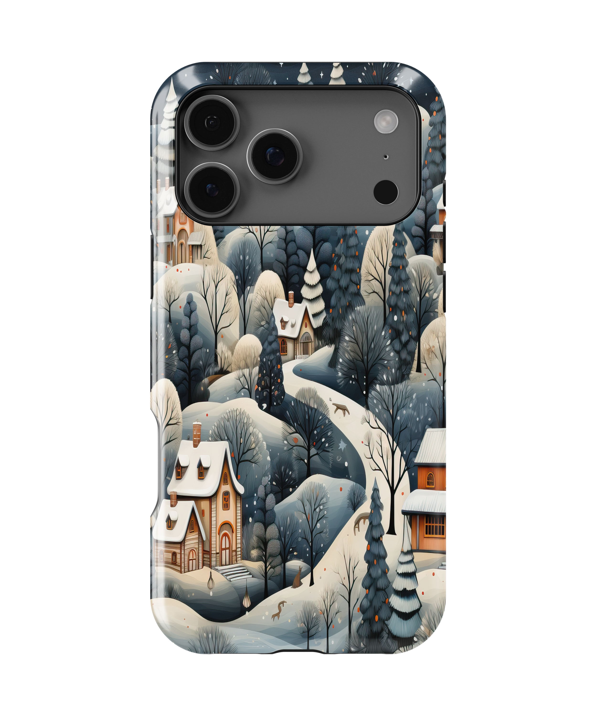 Phone case with a winter village design on a white background