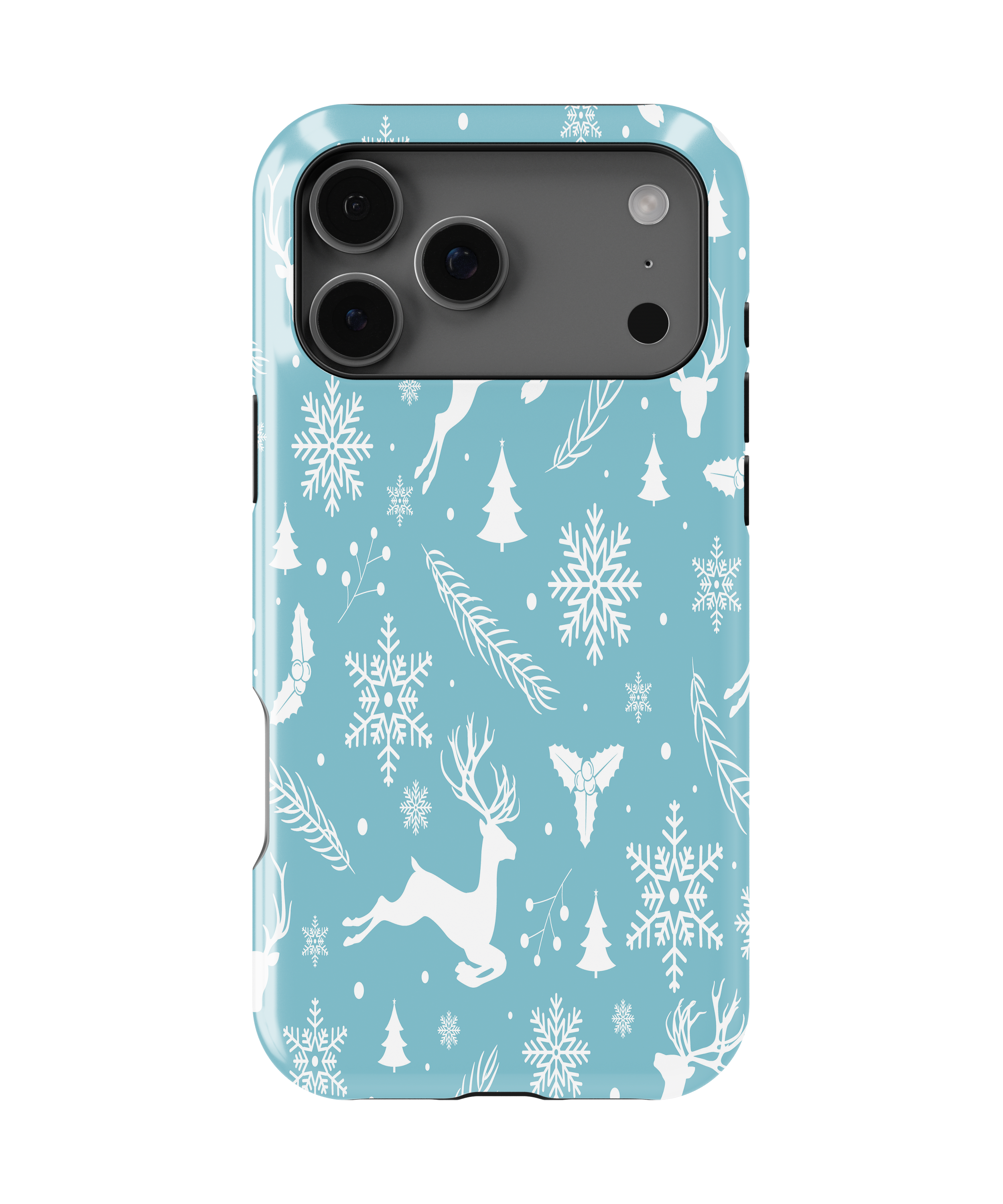 Phone case with winter design featuring deer, snowflakes, and trees on a blue background