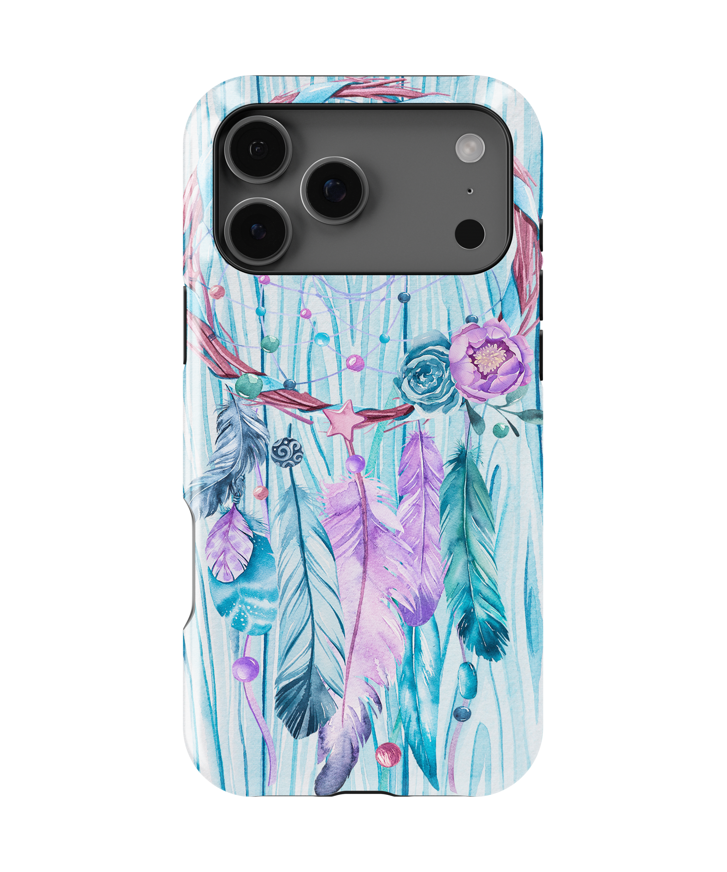 Phone case with floral and feather design on a white background