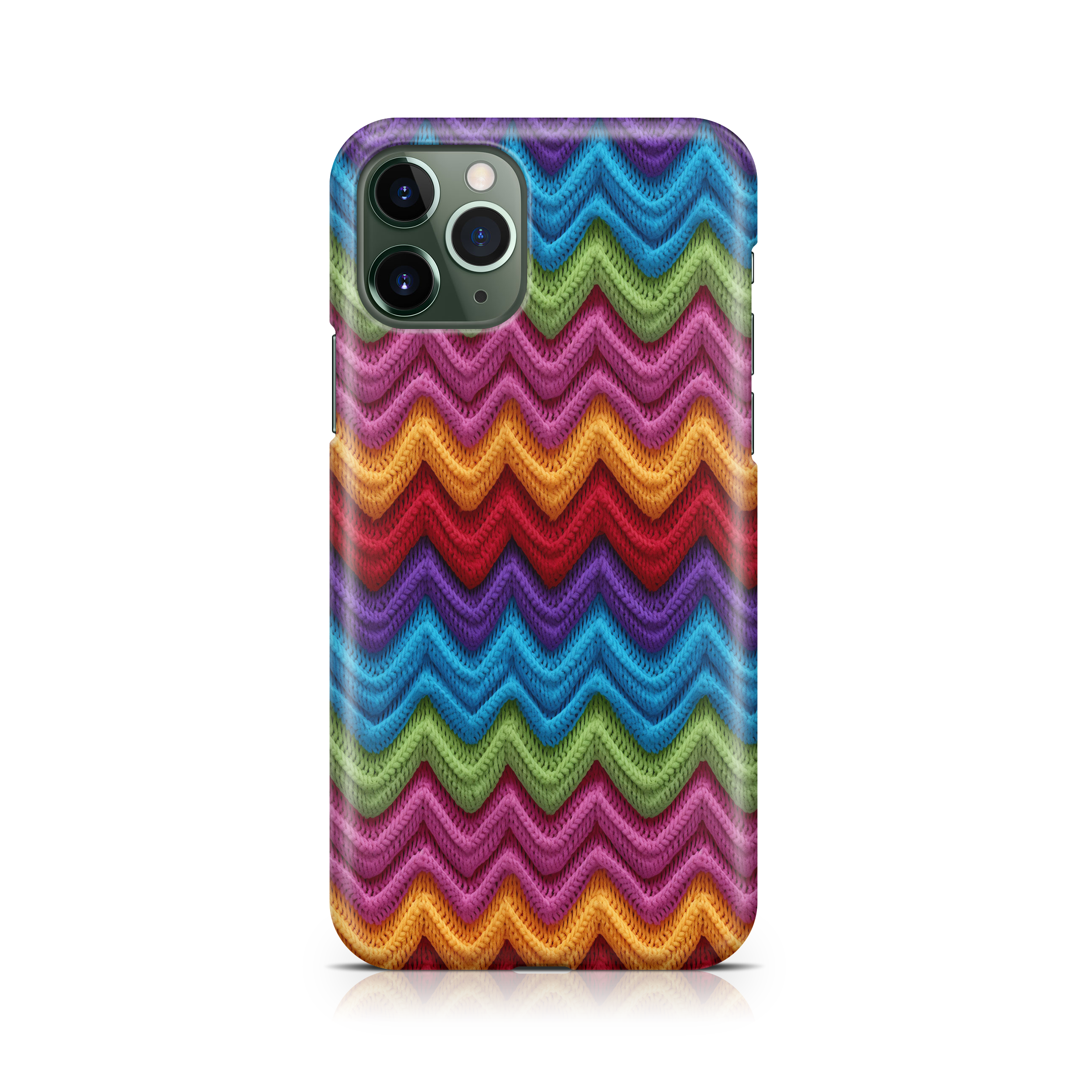 Colorful zigzag patterned phone case on a white background