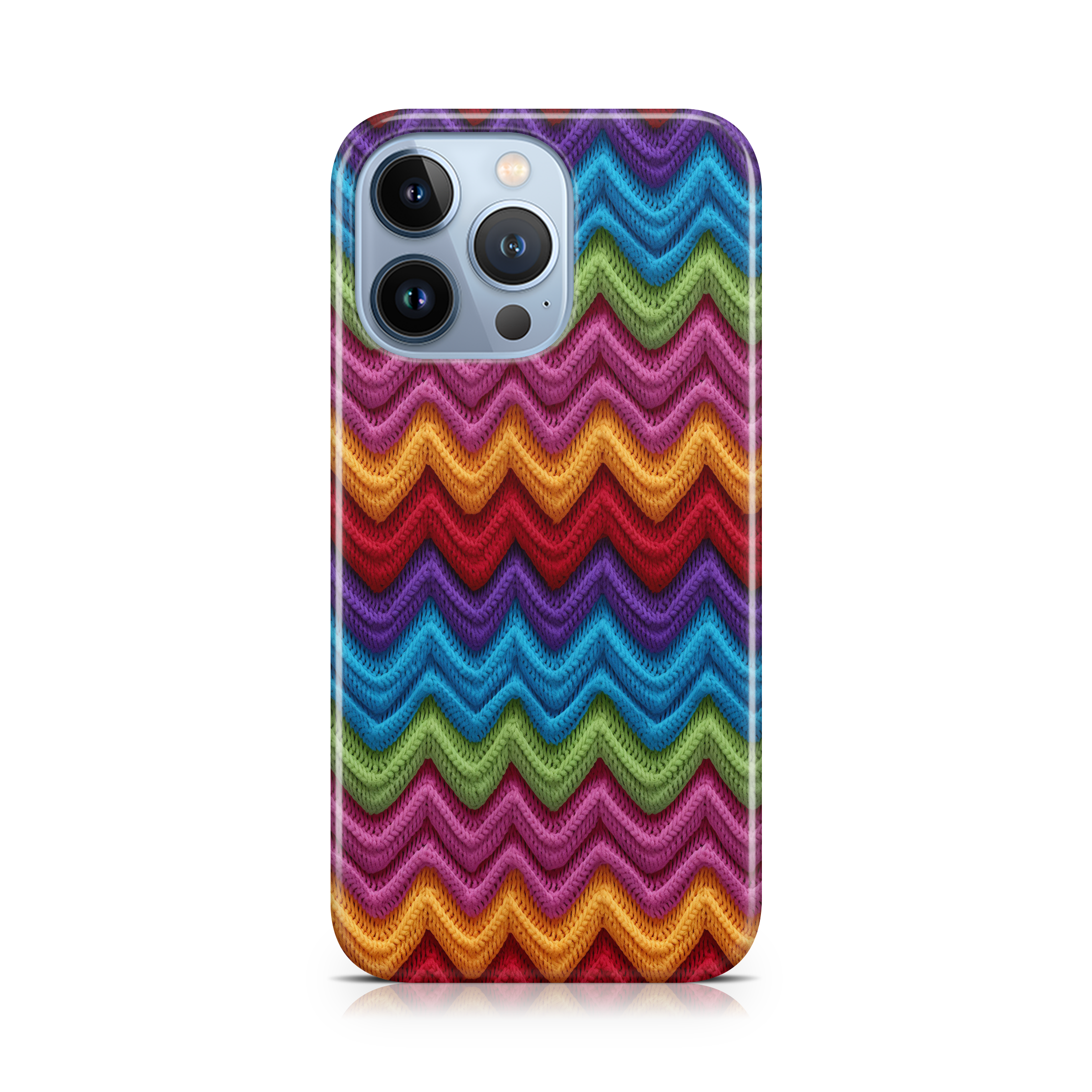 Colorful zigzag patterned phone case on a white background
