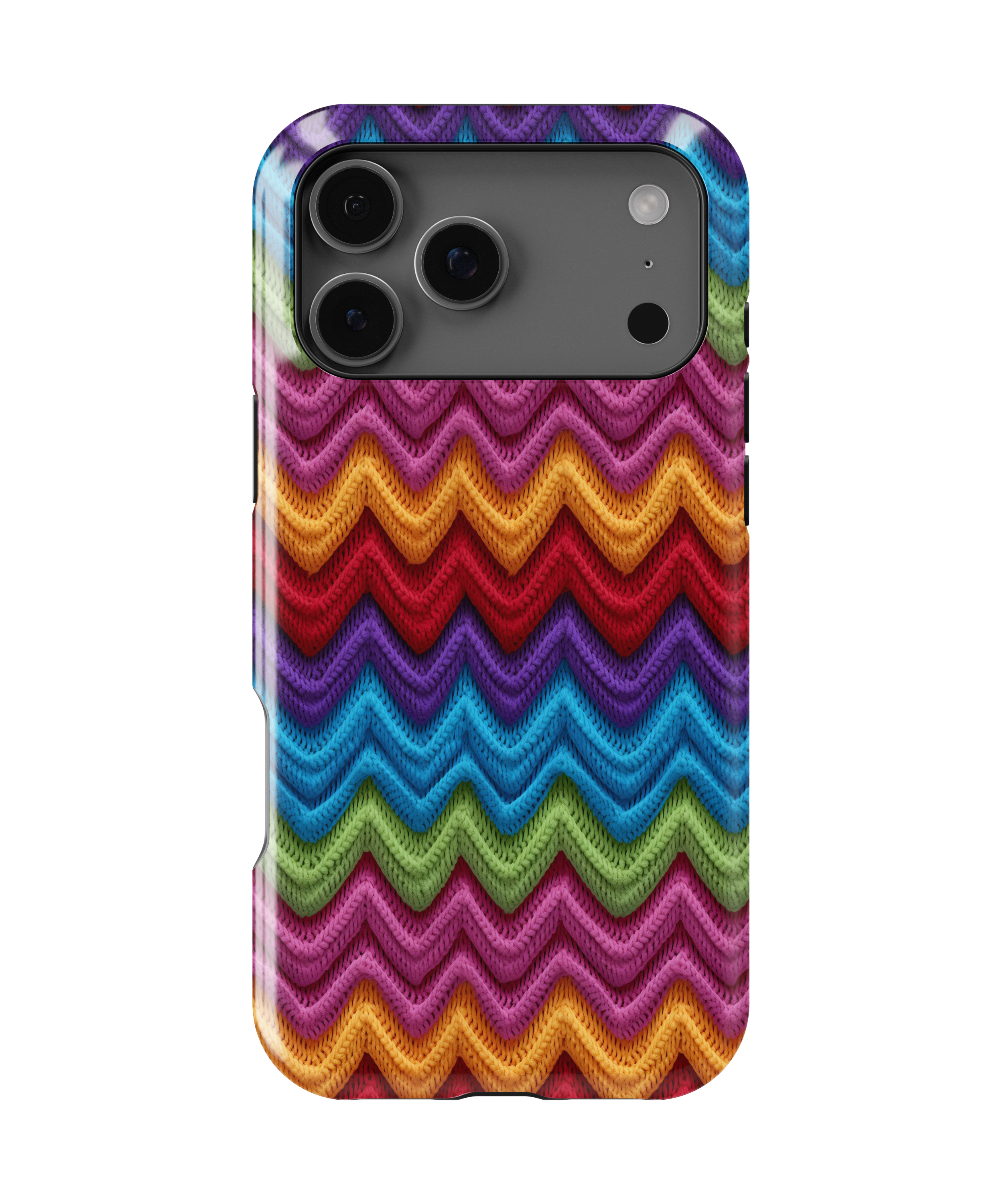 Colorful zigzag patterned phone case on a white background