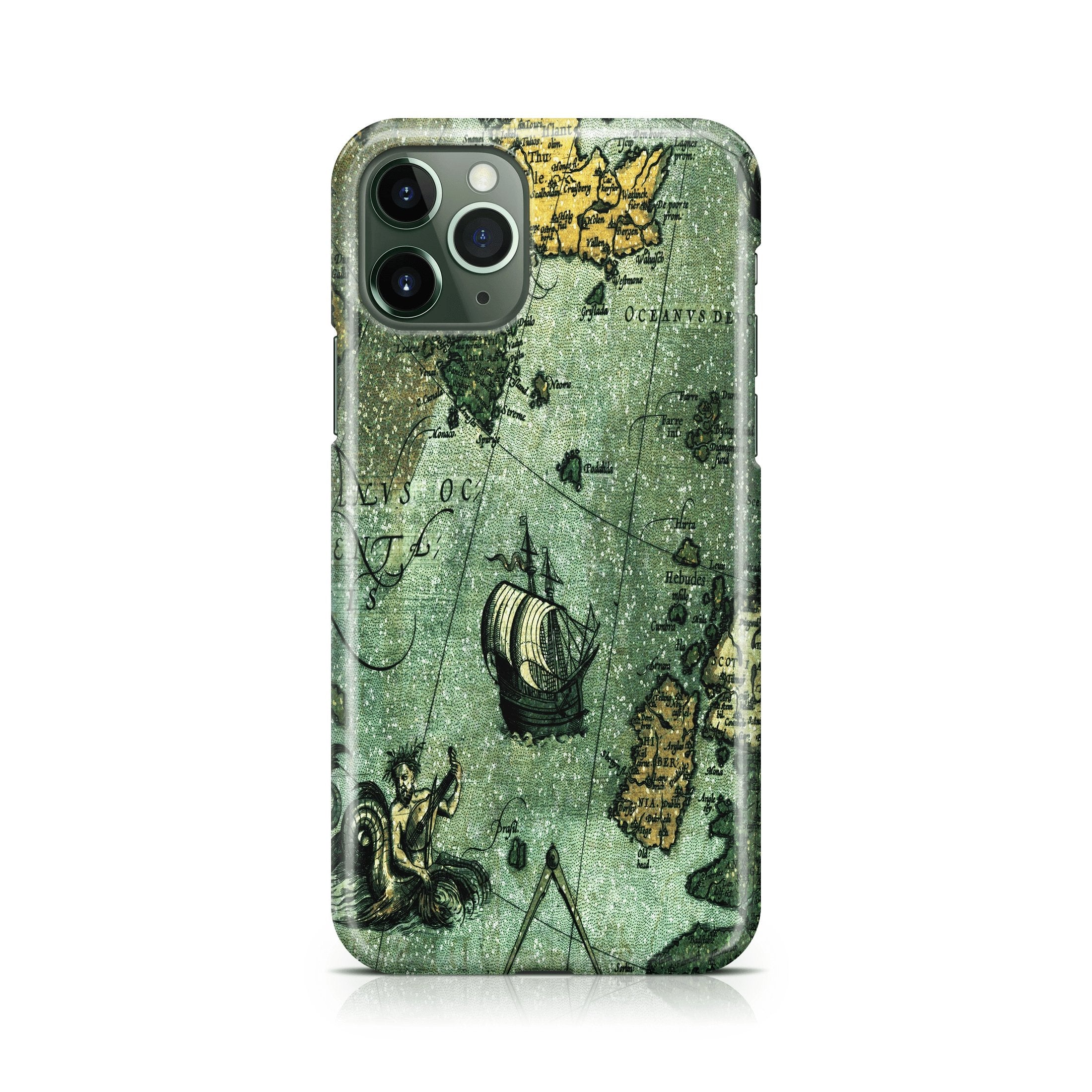 Phone case with vintage map design on a white background