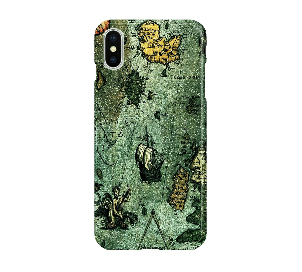 Phone case with vintage map design on a white background