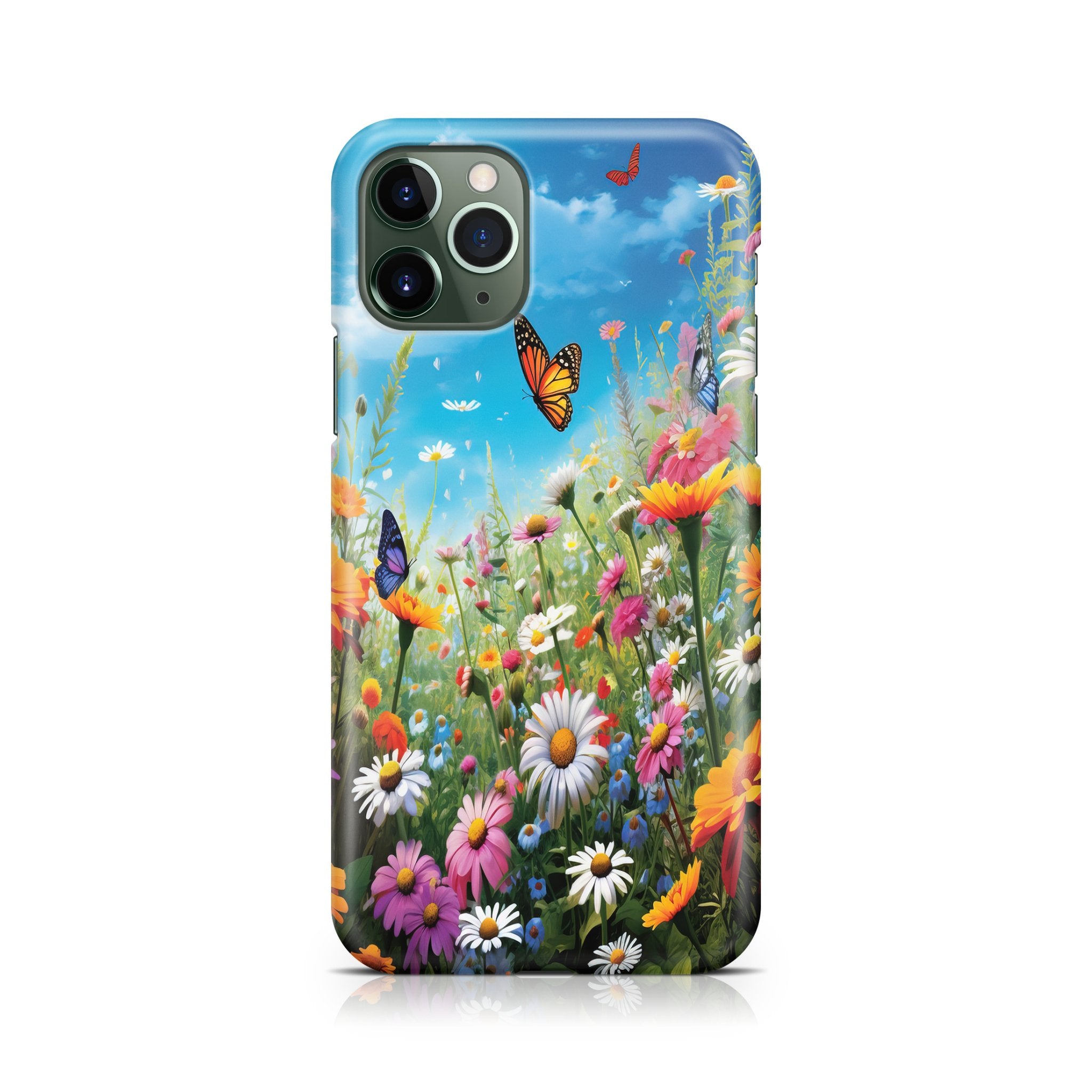 Phone case with a colorful floral design and butterflies on a white background