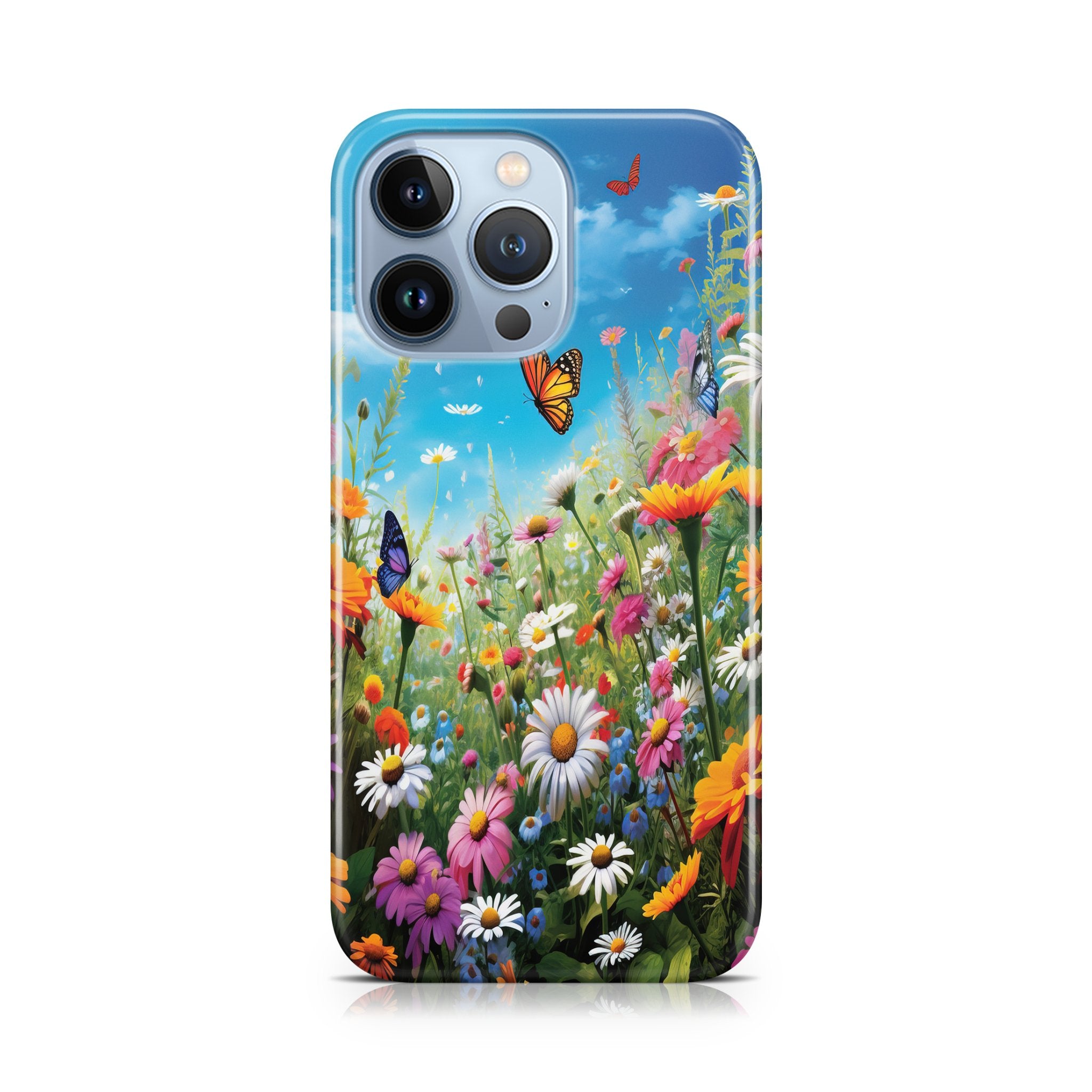 Phone case with a colorful floral design and butterflies on a white background