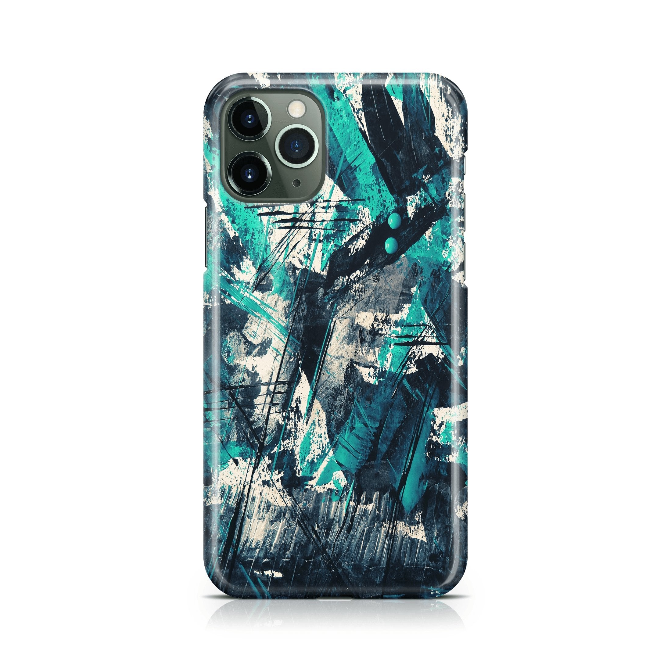 Phone case with abstract design in blue and black on a white background