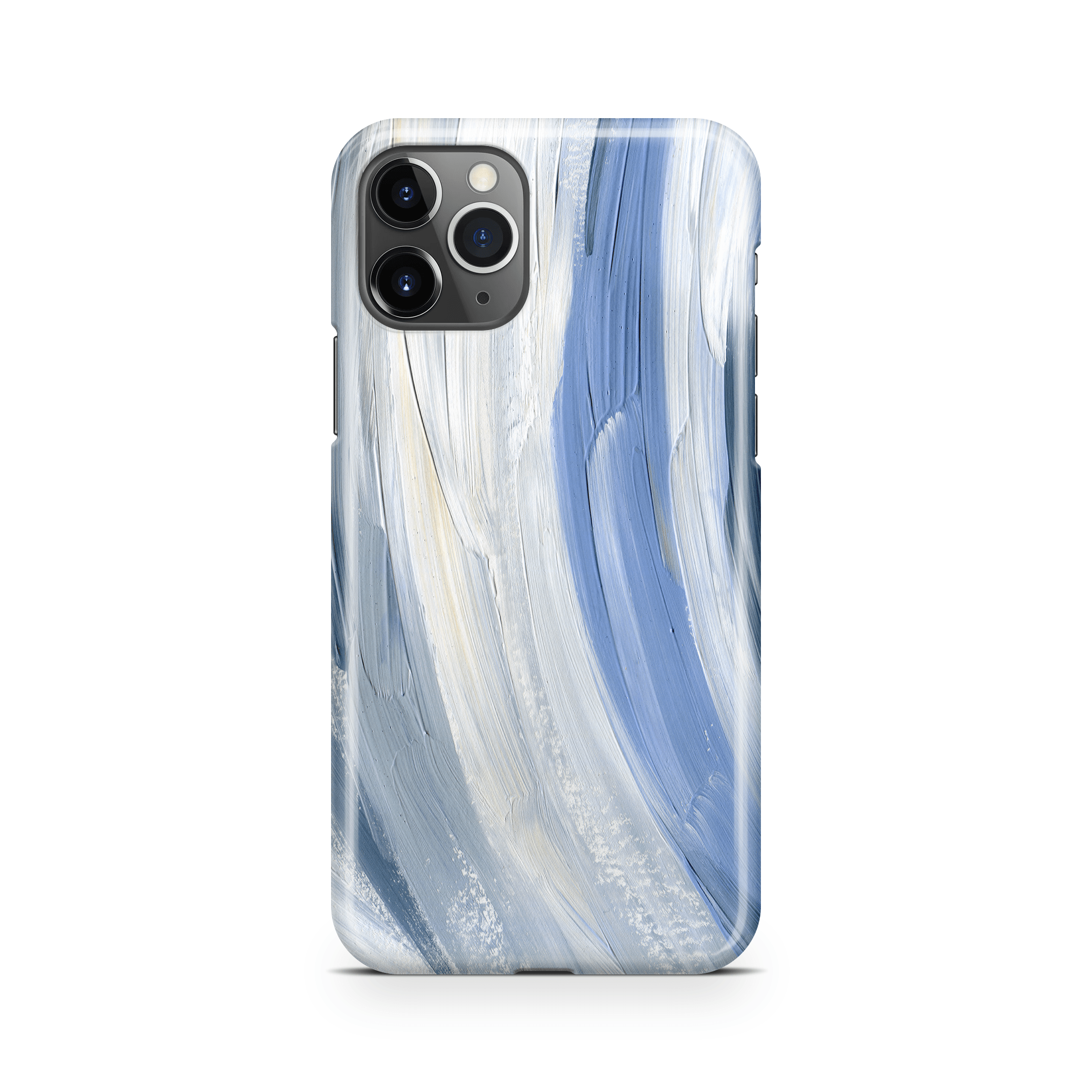 Phone case with blue and white marbled design on a white background