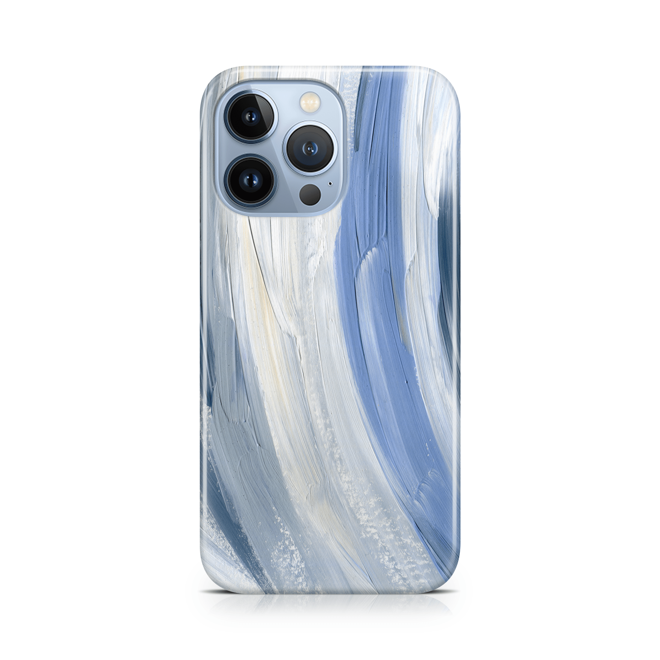 Phone case with blue and white marbled design on a white background