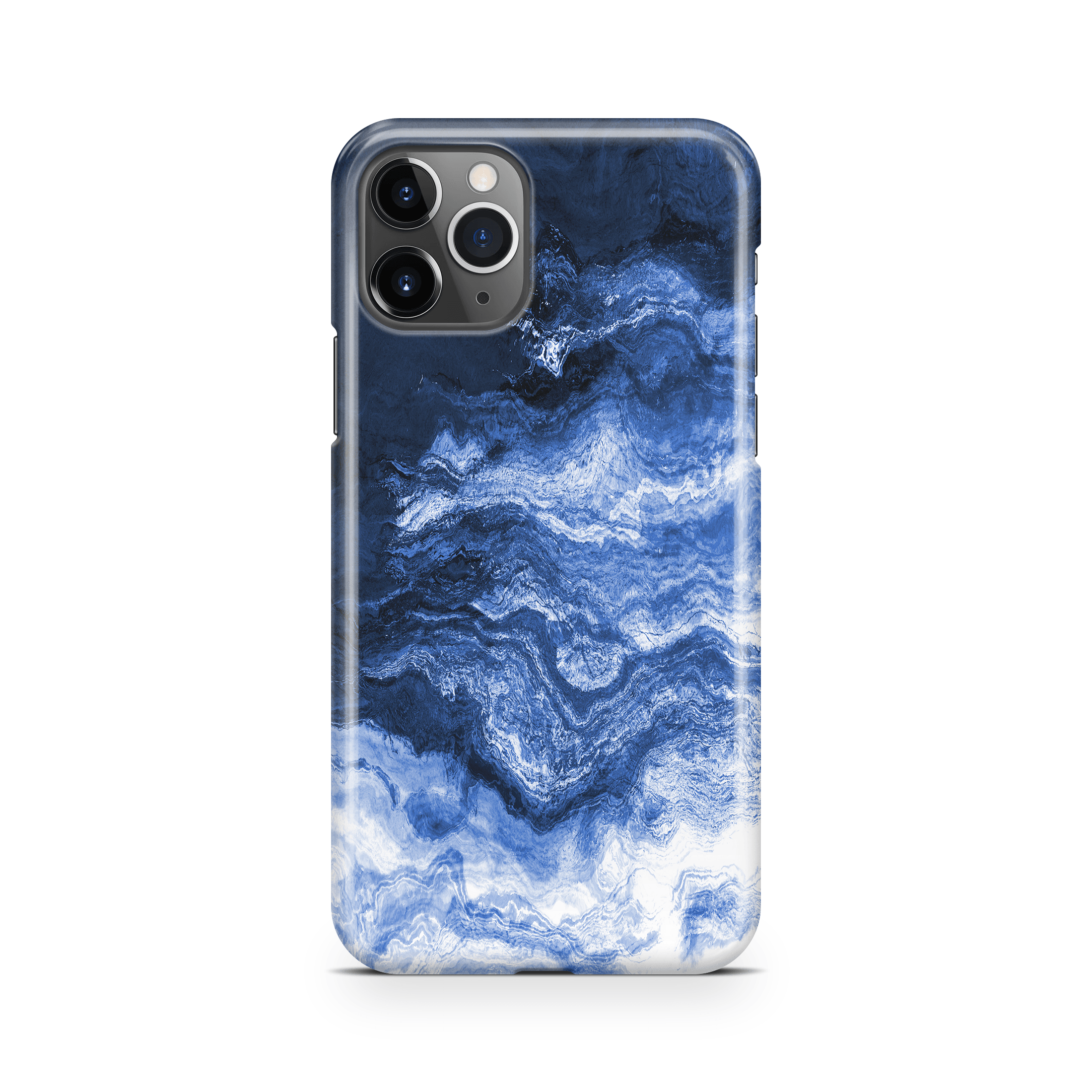Phone case with blue and white marbled pattern on a white background