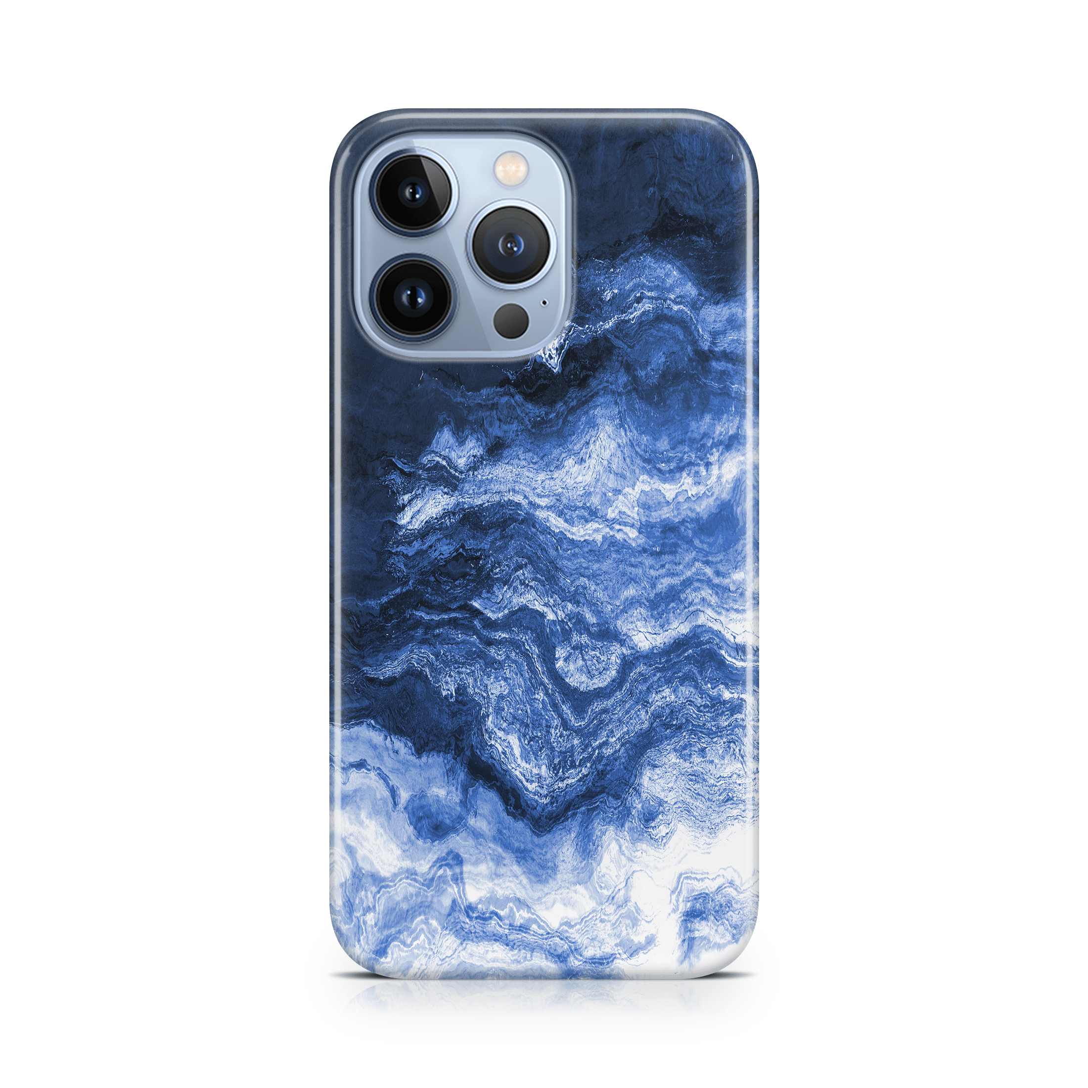 Phone case with blue and white marbled pattern on a white background