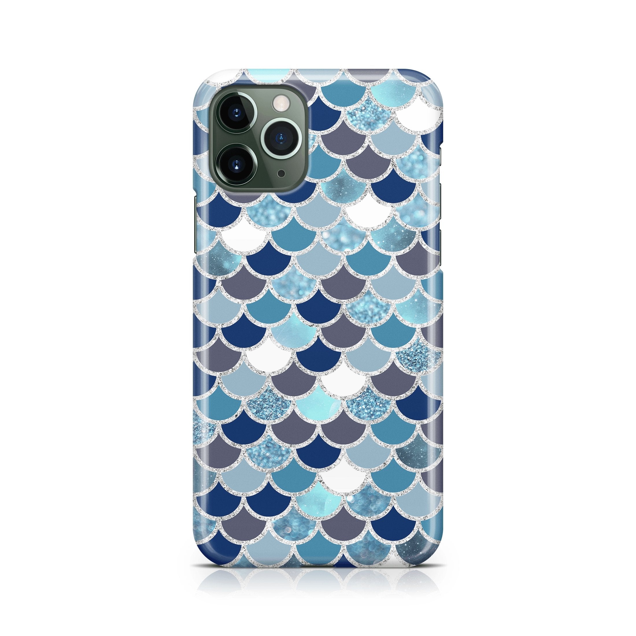 Phone case with blue and gray mermaid scale pattern on a white background
