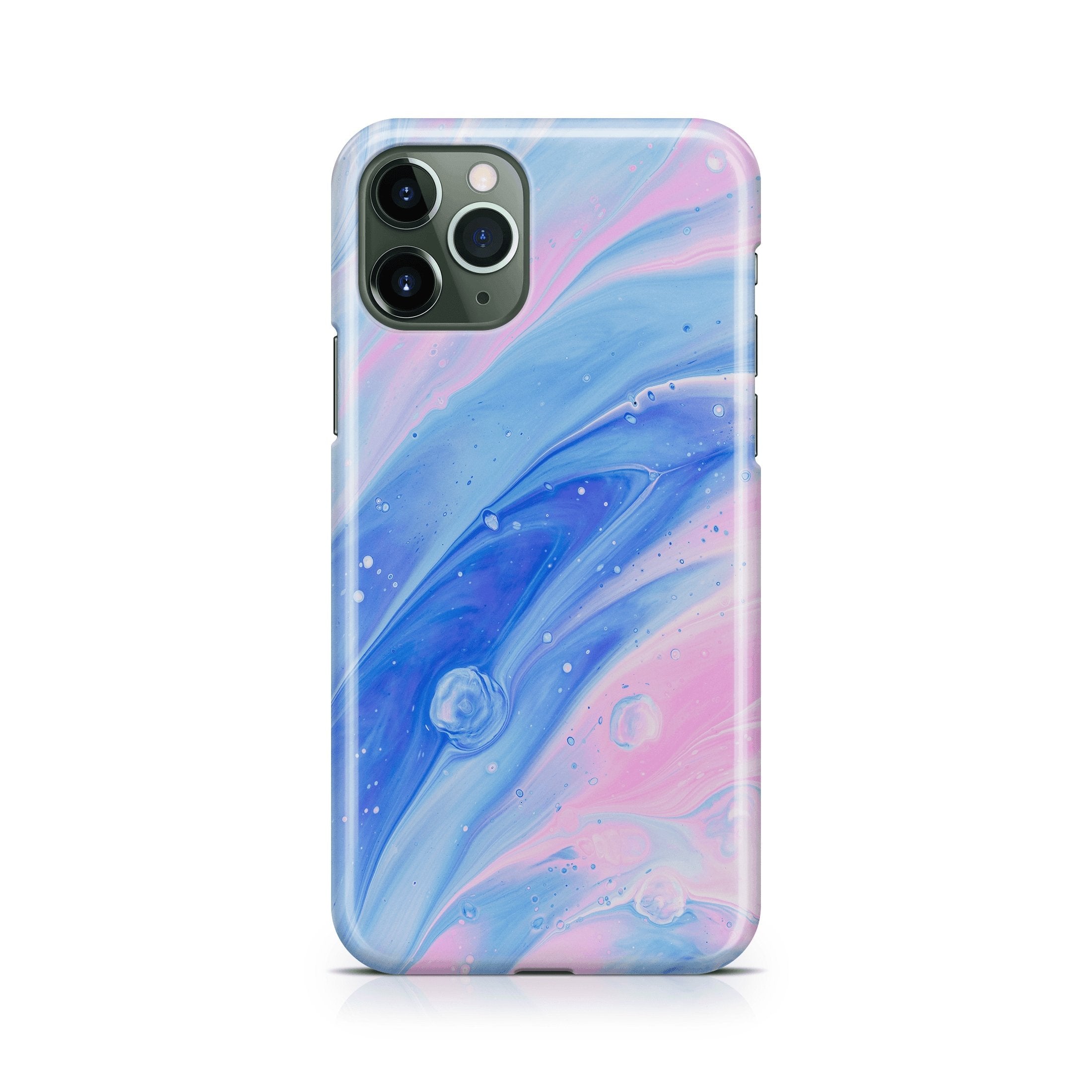 Phone case with a blue and pink marble design on a white background