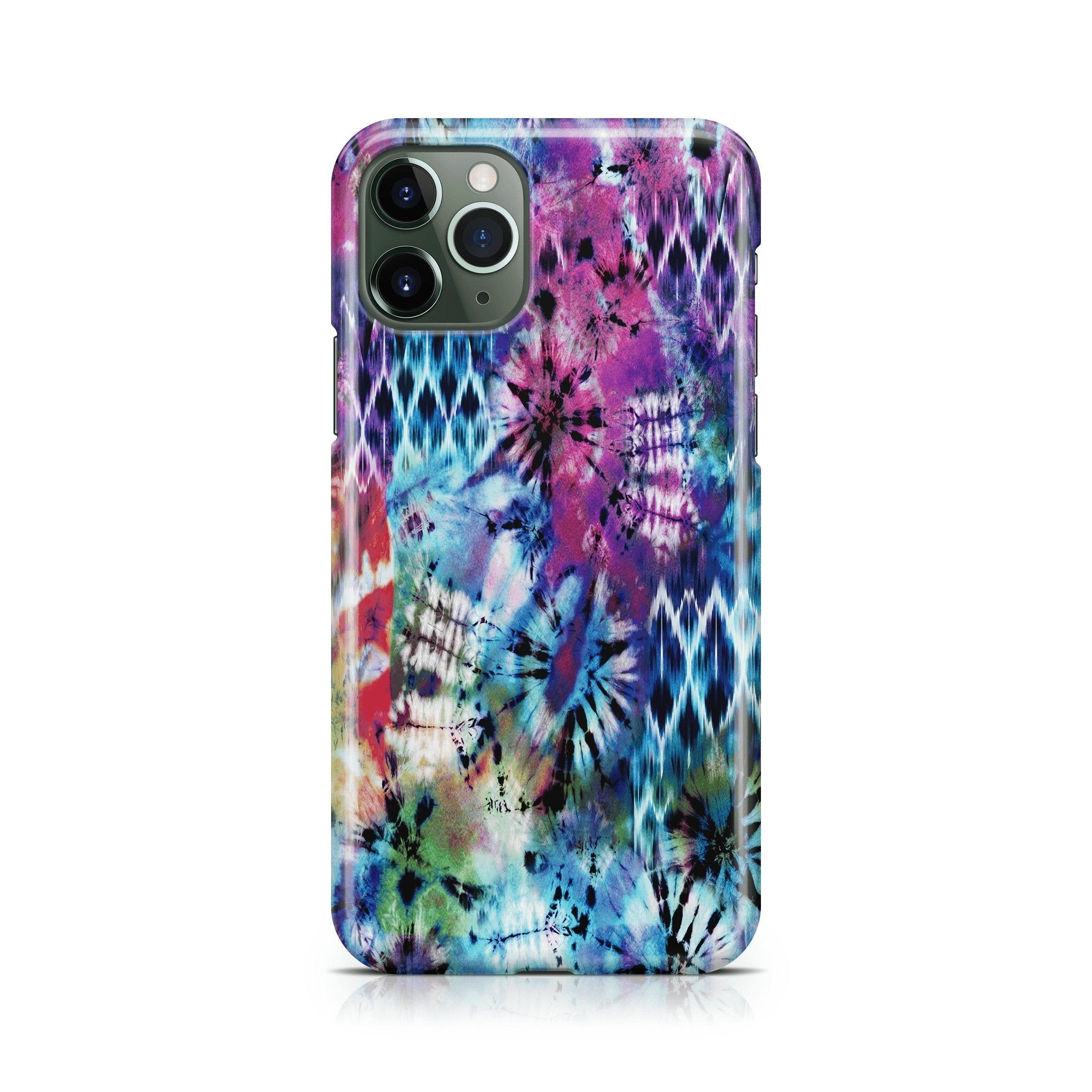 Phone case with a tie-dye design on a white background