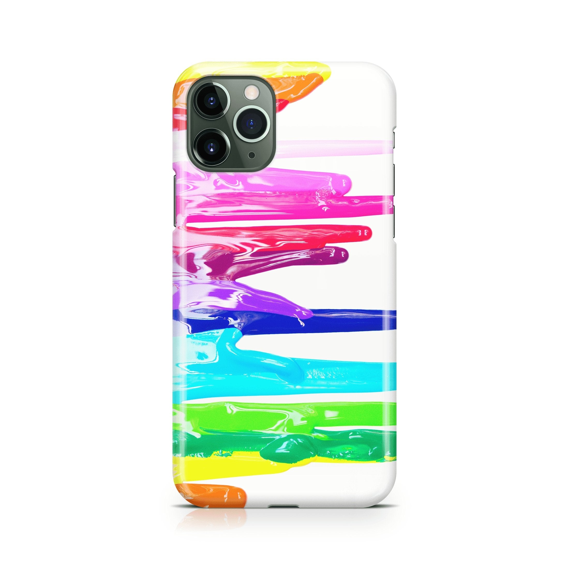 Phone case with colorful abstract design on a white background