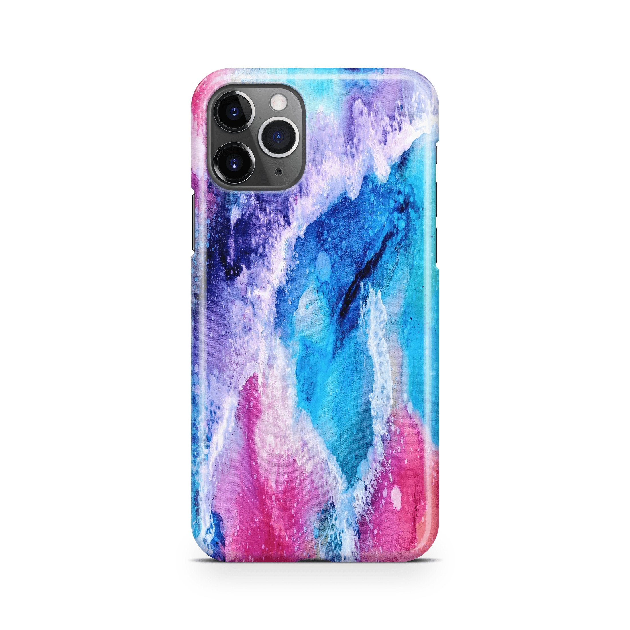 Phone case with a colorful abstract design on a white background
