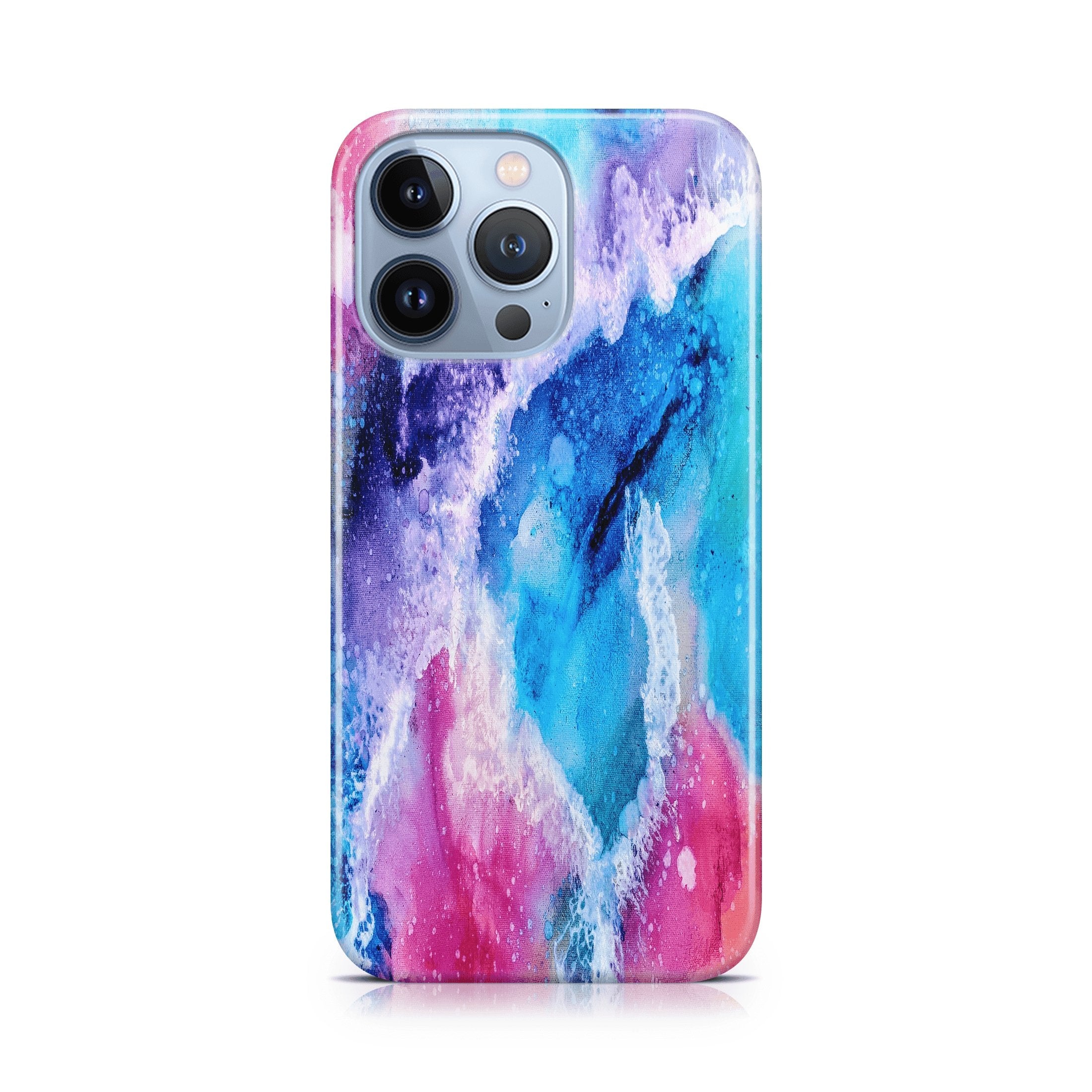 Phone case with a colorful abstract design on a white background