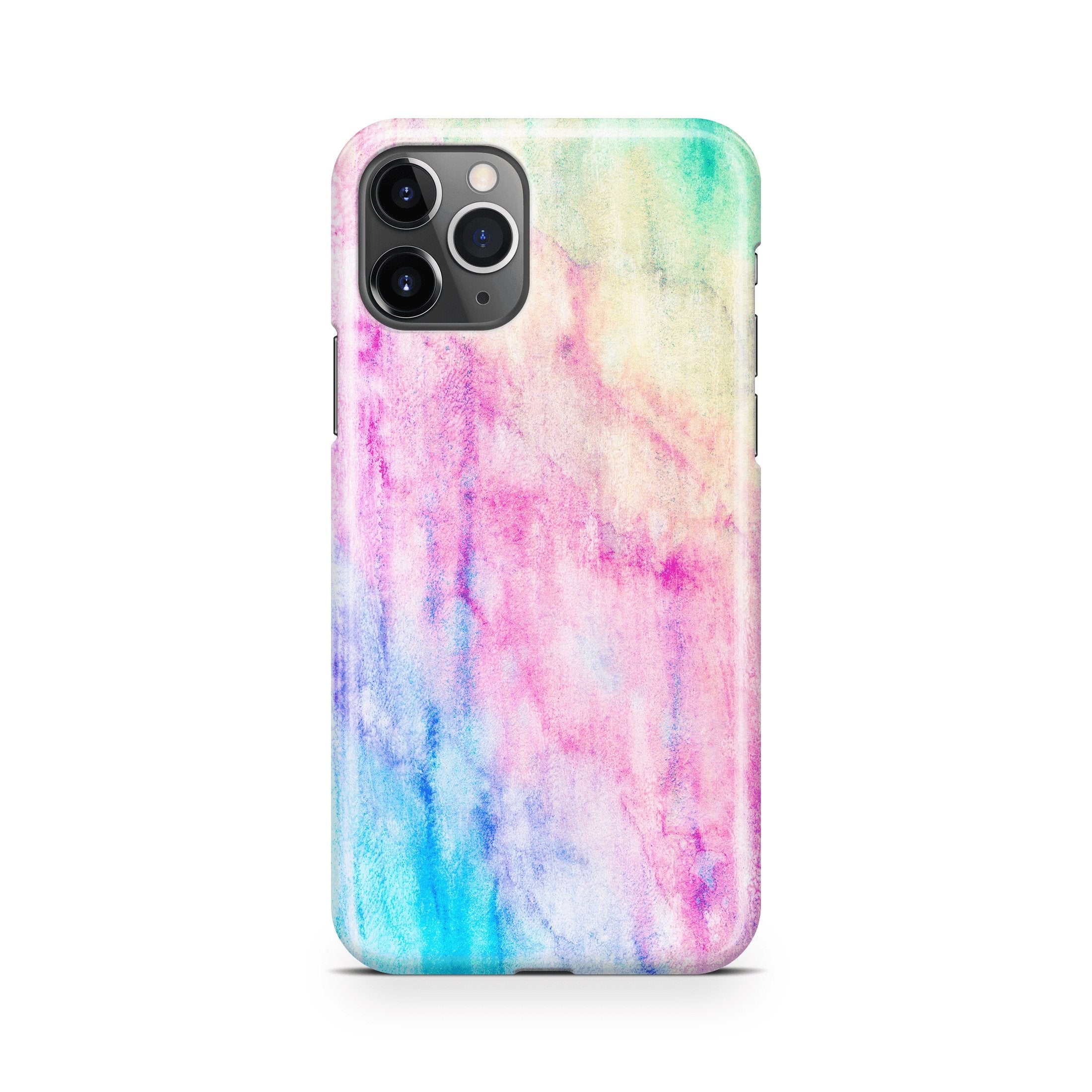 Phone case with a colorful watercolor design on a white background